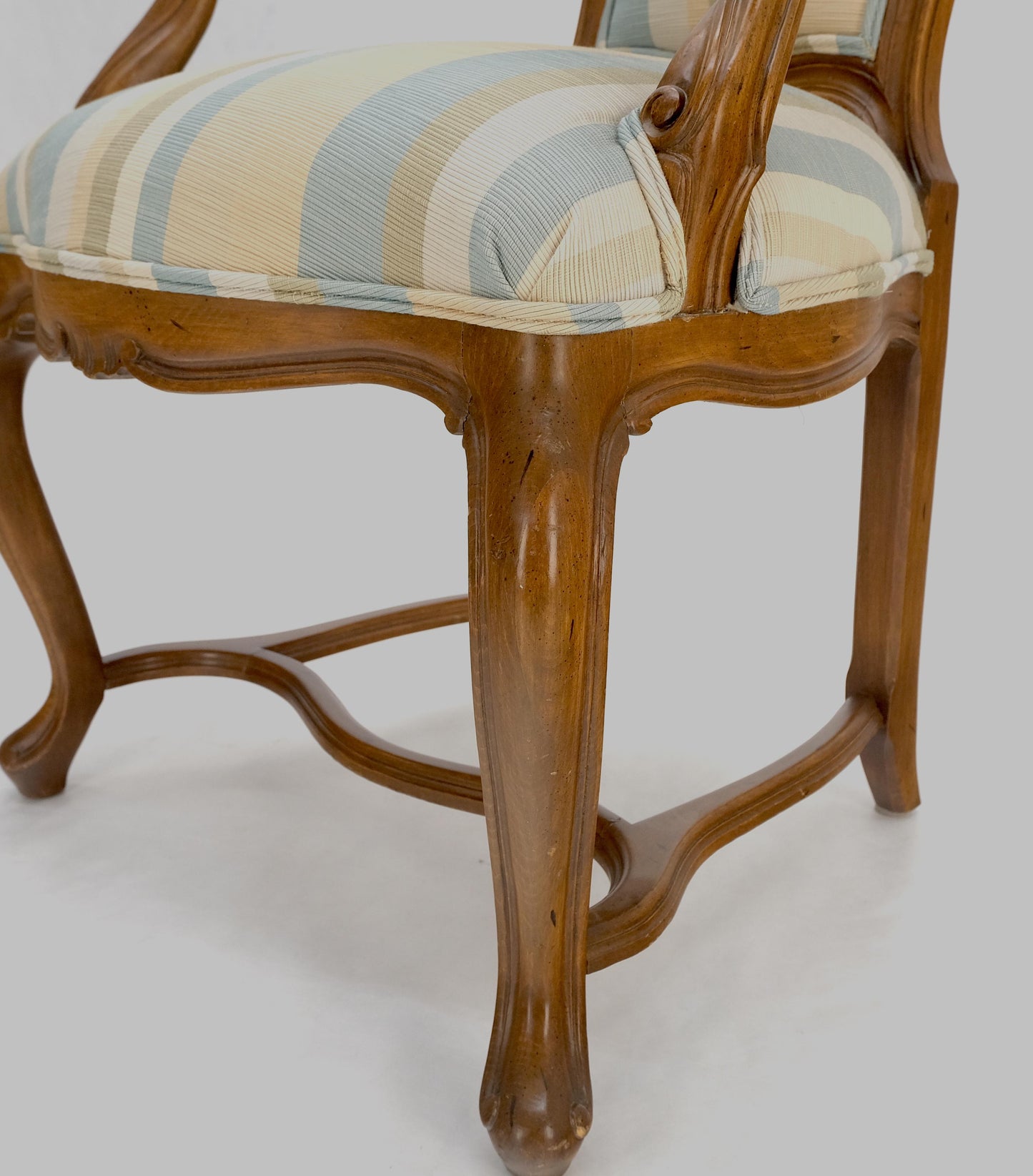 EstablishedLines Pair Carved Striped Upholstery Tall Backs Carved Walnut Scallop Design Decorated