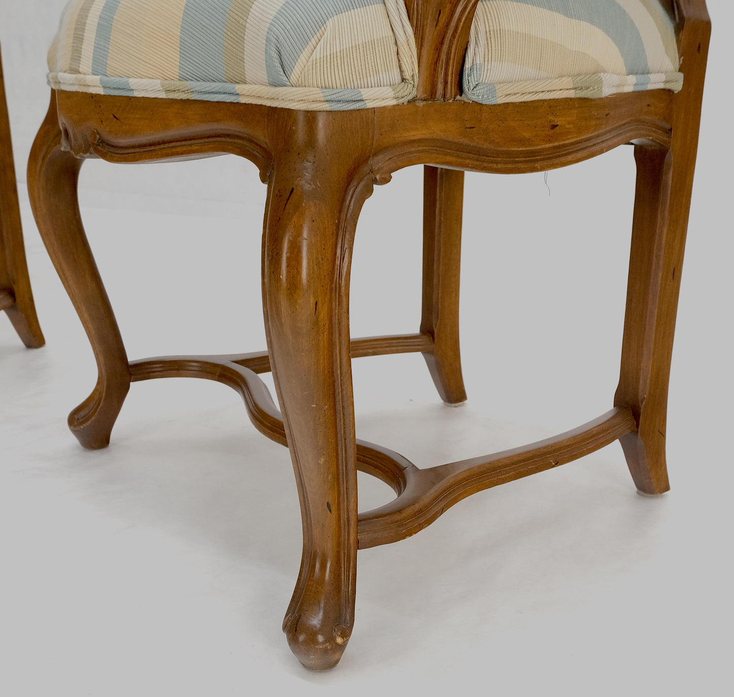EstablishedLines Pair Carved Striped Upholstery Tall Backs Carved Walnut Scallop Design Decorated