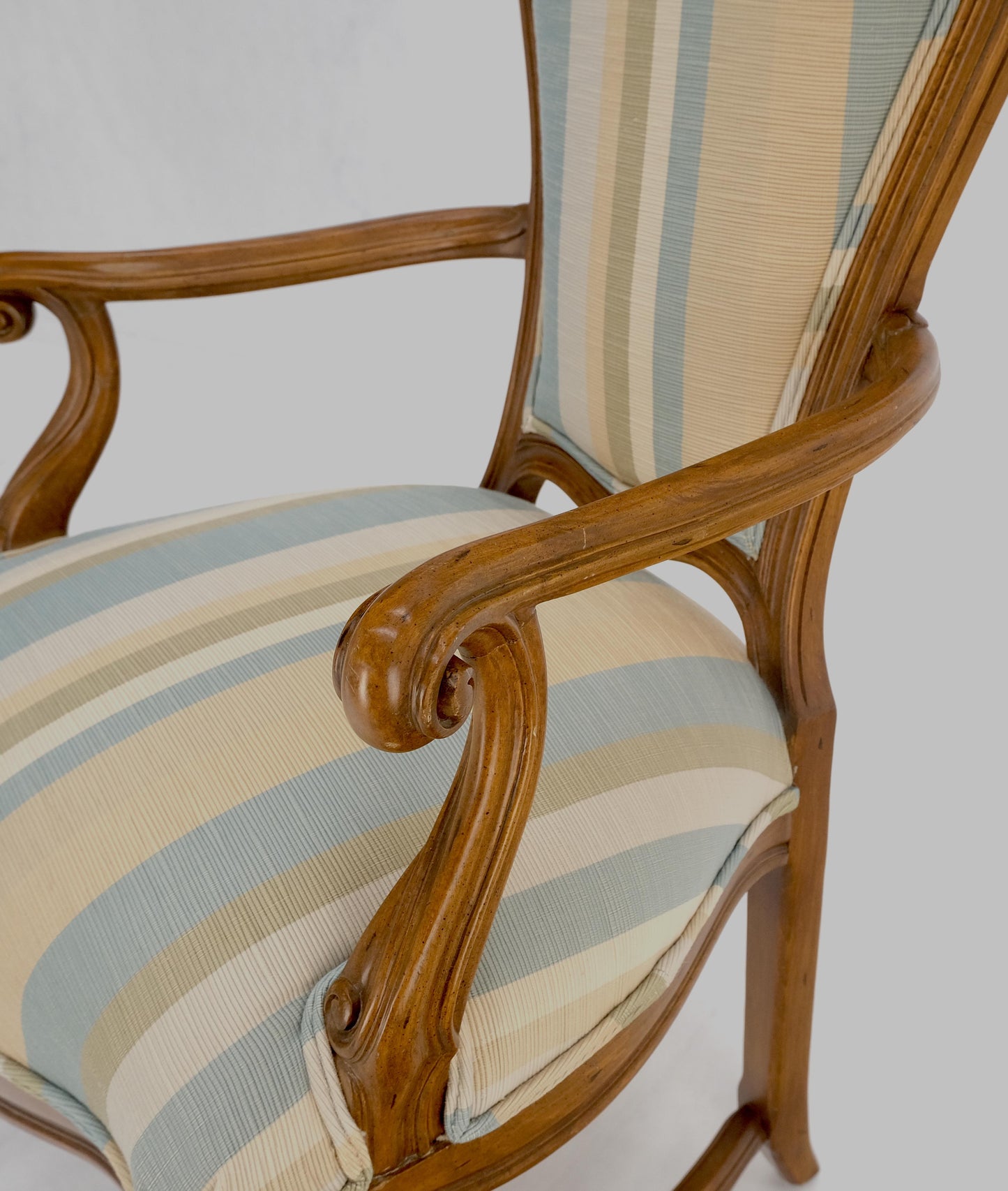 EstablishedLines Pair Carved Striped Upholstery Tall Backs Carved Walnut Scallop Design Decorated