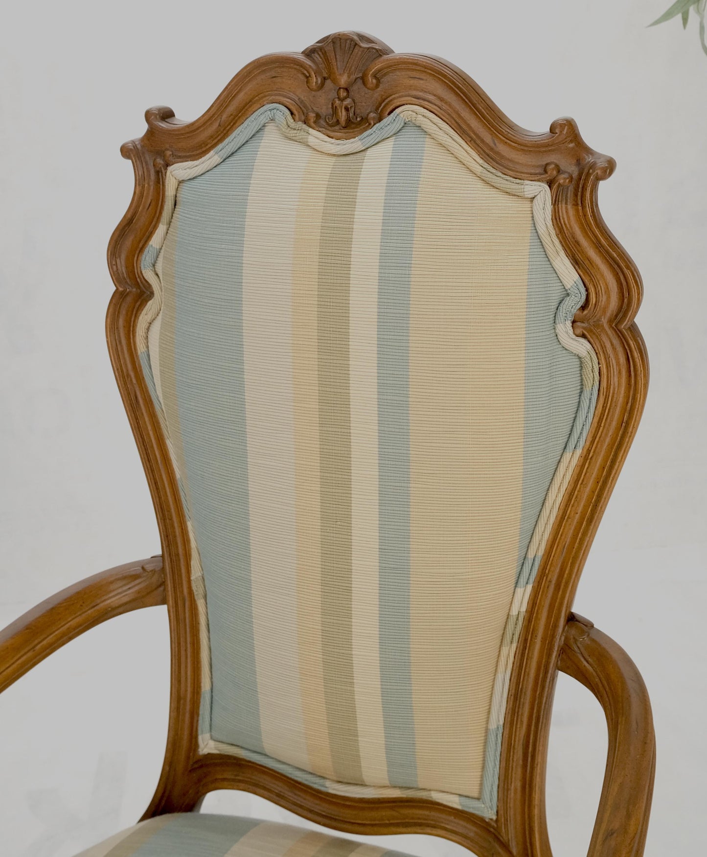 EstablishedLines Pair Carved Striped Upholstery Tall Backs Carved Walnut Scallop Design Decorated