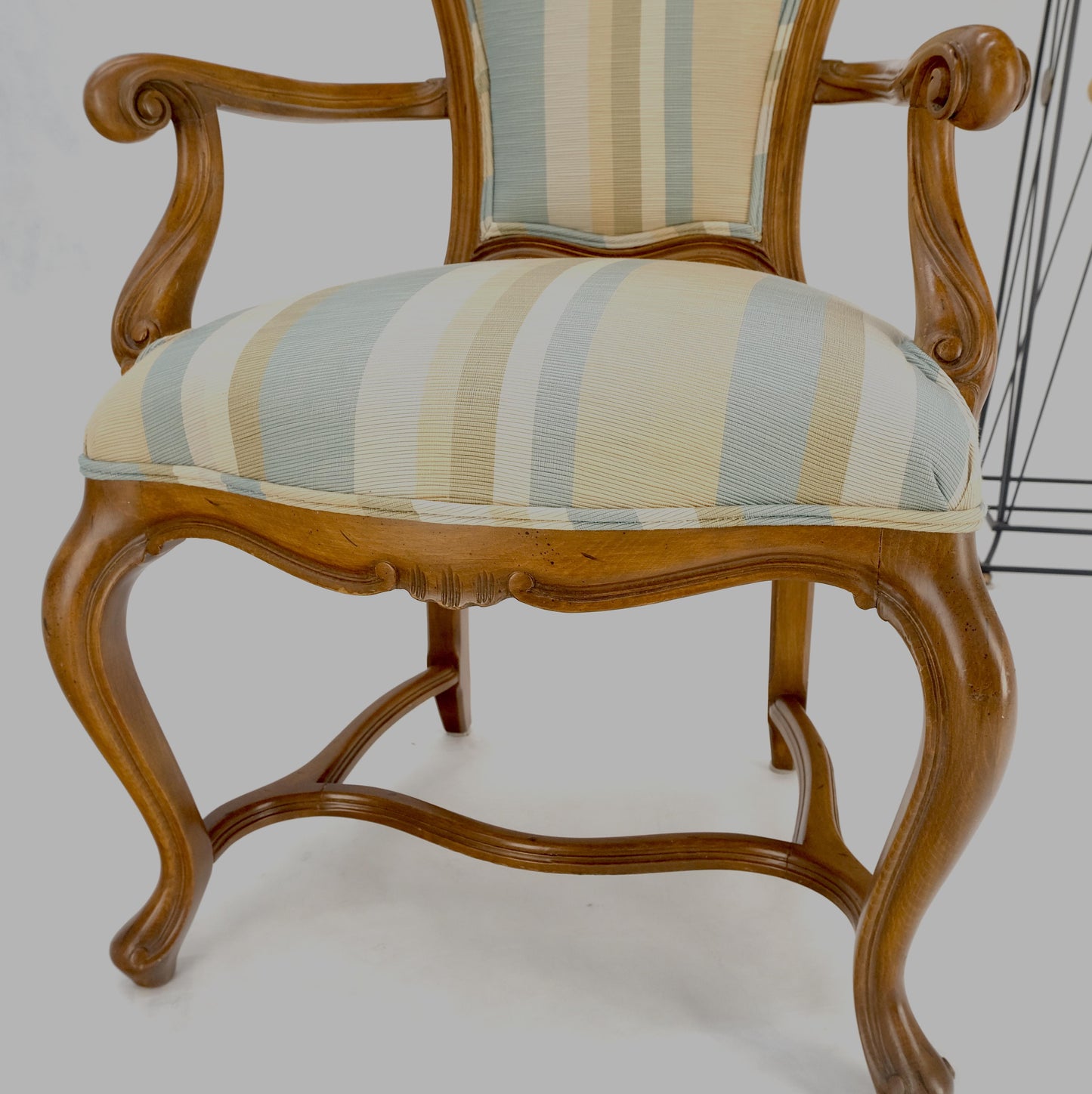 EstablishedLines Pair Carved Striped Upholstery Tall Backs Carved Walnut Scallop Design Decorated