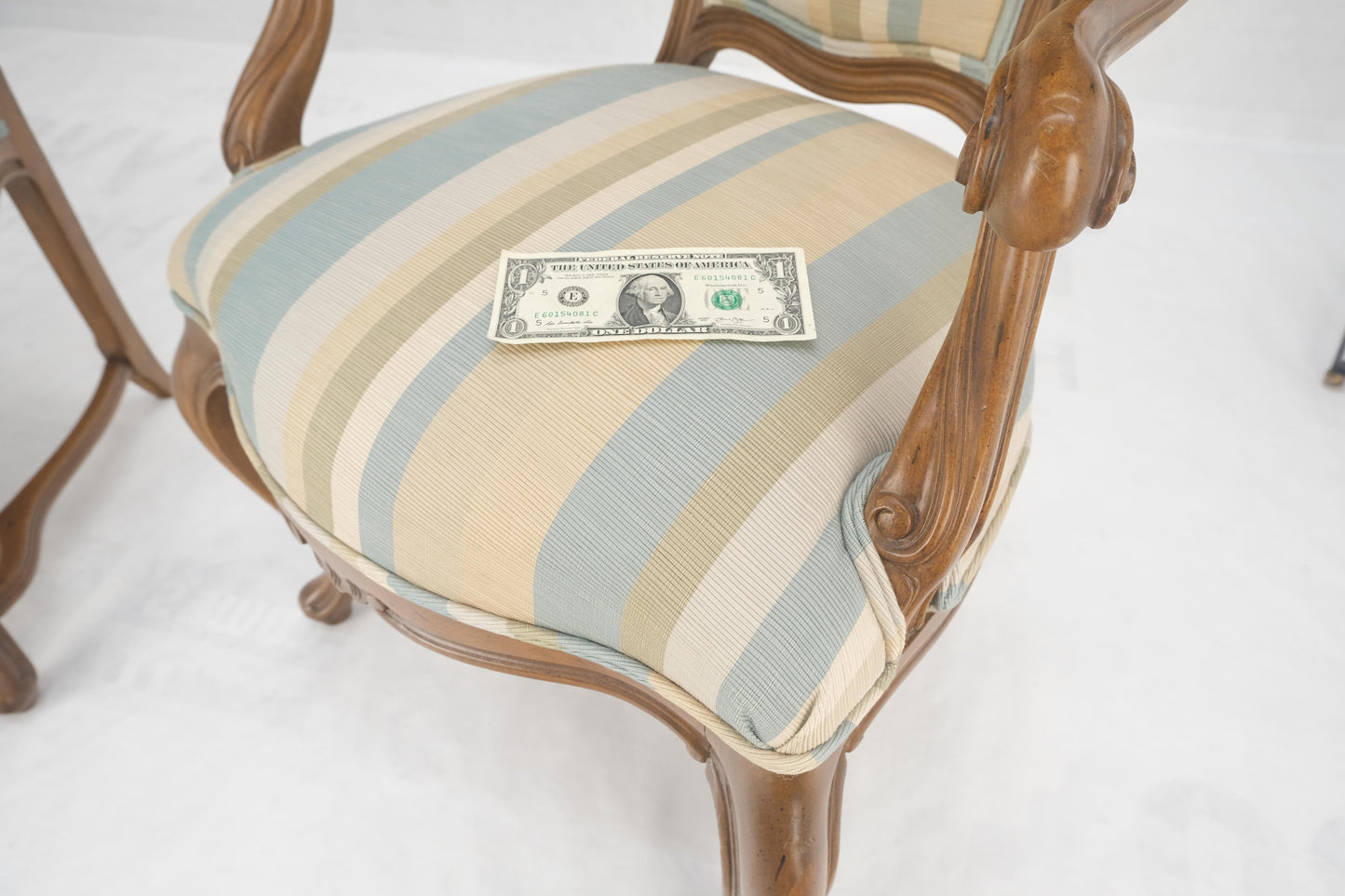 EstablishedLines Pair Carved Striped Upholstery Tall Backs Carved Walnut Scallop Design Decorated