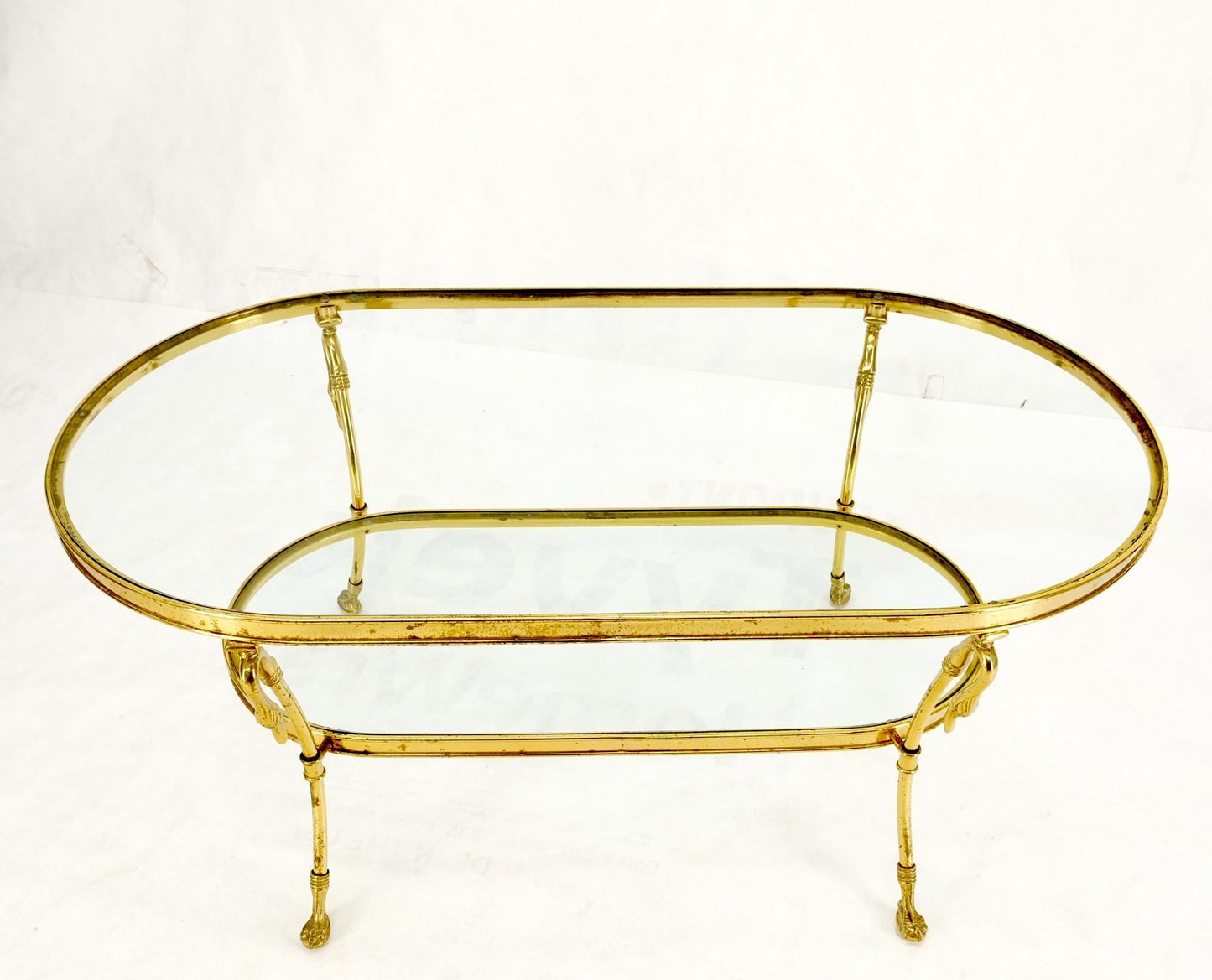 EstablishedLines Solid Brass Swan Motive Oval Racetrack Shape Two Tier Coffee Table Mid Century