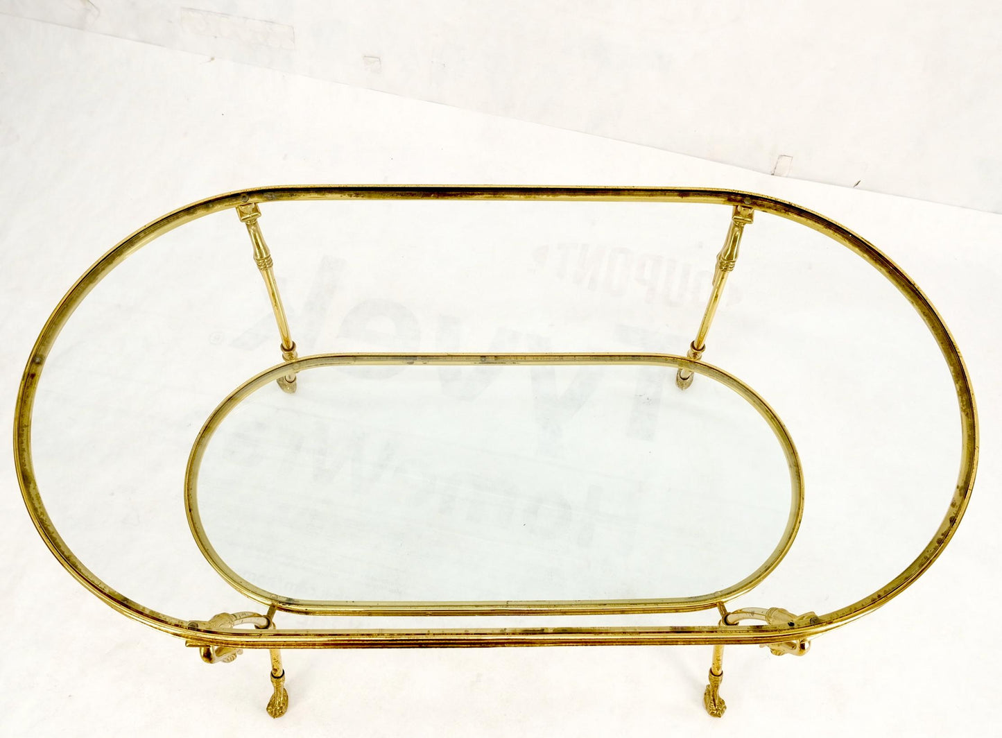 EstablishedLines Solid Brass Swan Motive Oval Racetrack Shape Two Tier Coffee Table Mid Century