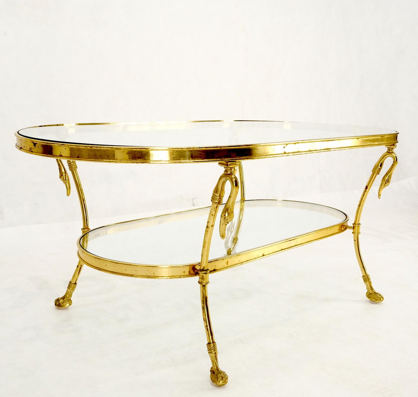 EstablishedLines Solid Brass Swan Motive Oval Racetrack Shape Two Tier Coffee Table Mid Century
