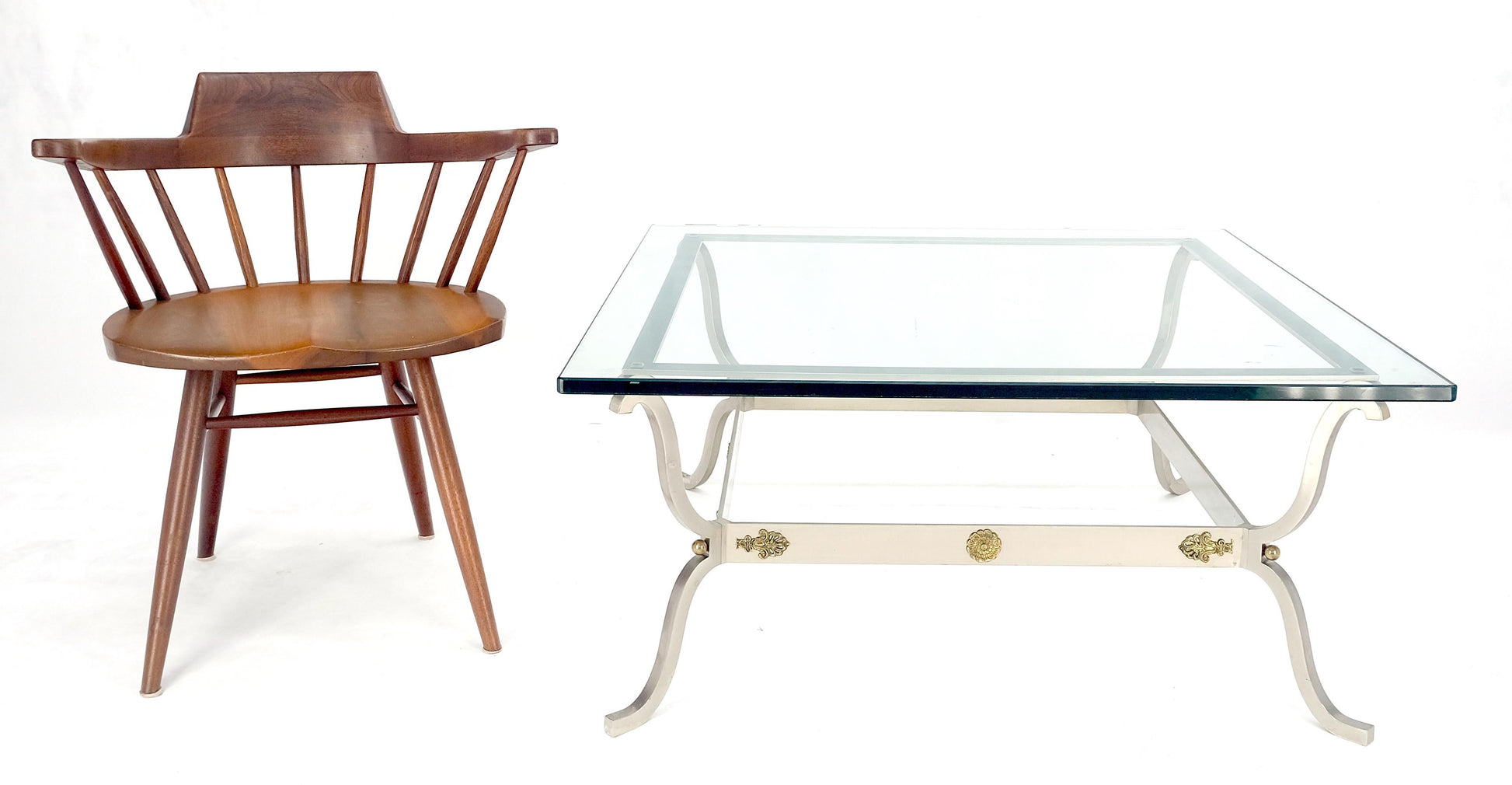 EstablishedLines Brushed Steel Brass Mounts Rosettes Square 3/4" Glass Coffee Table