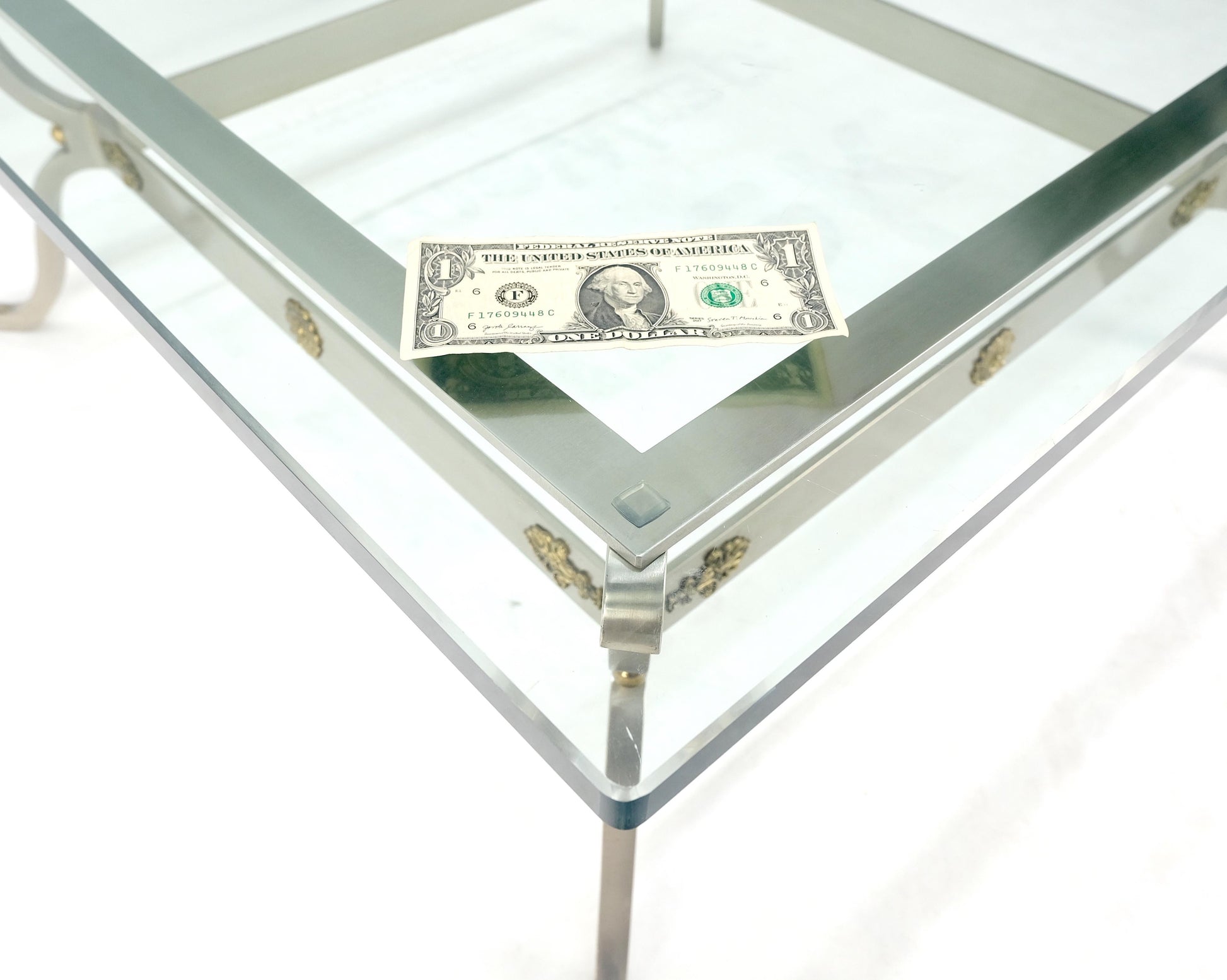 EstablishedLines Brushed Steel Brass Mounts Rosettes Square 3/4" Glass Coffee Table