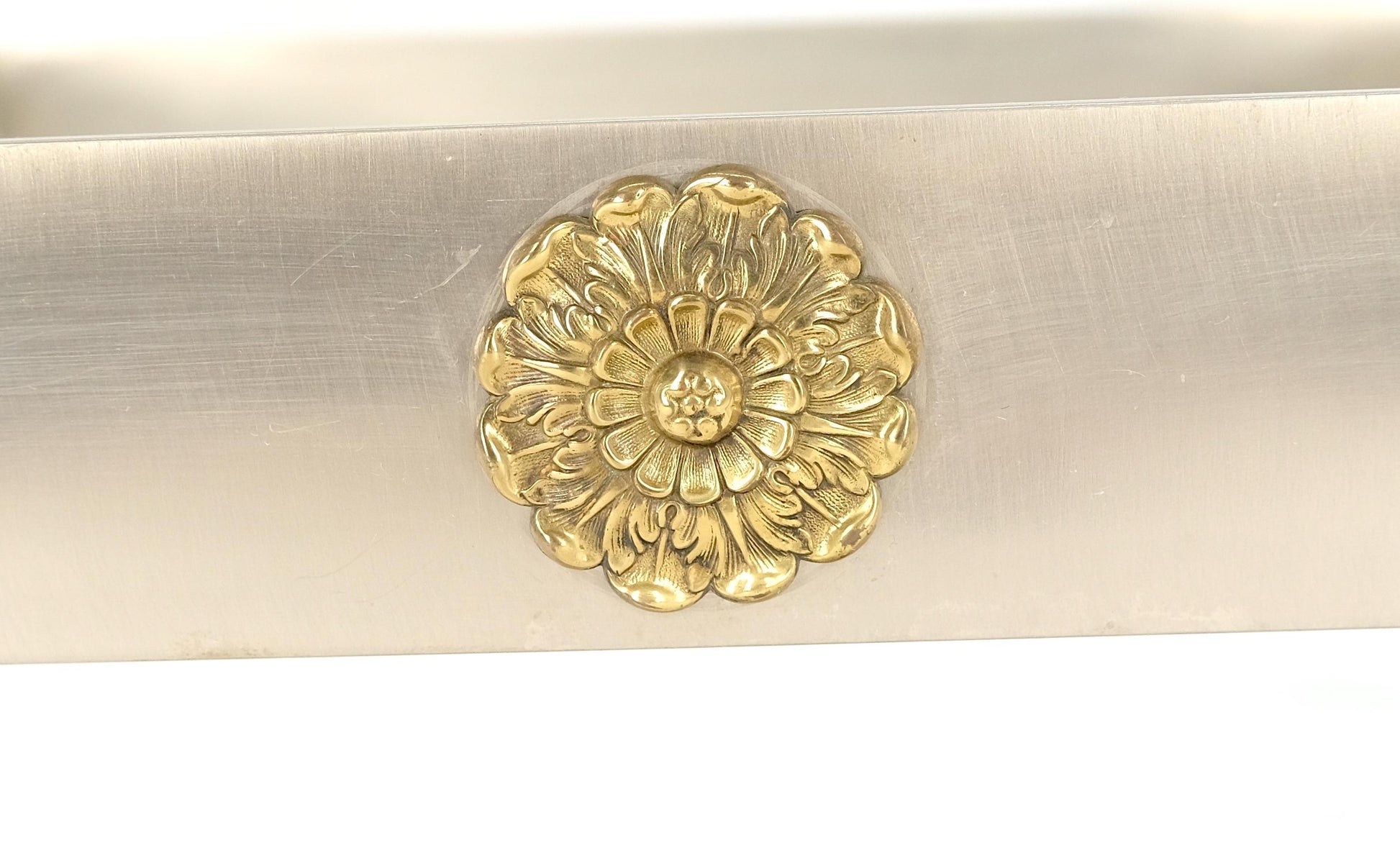 EstablishedLines Brushed Steel Brass Mounts Rosettes Square 3/4" Glass Coffee Table