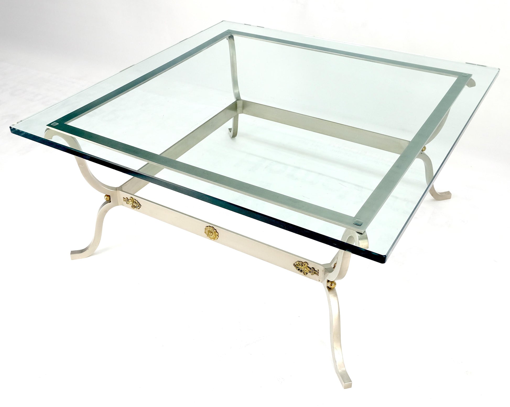 EstablishedLines Brushed Steel Brass Mounts Rosettes Square 3/4" Glass Coffee Table