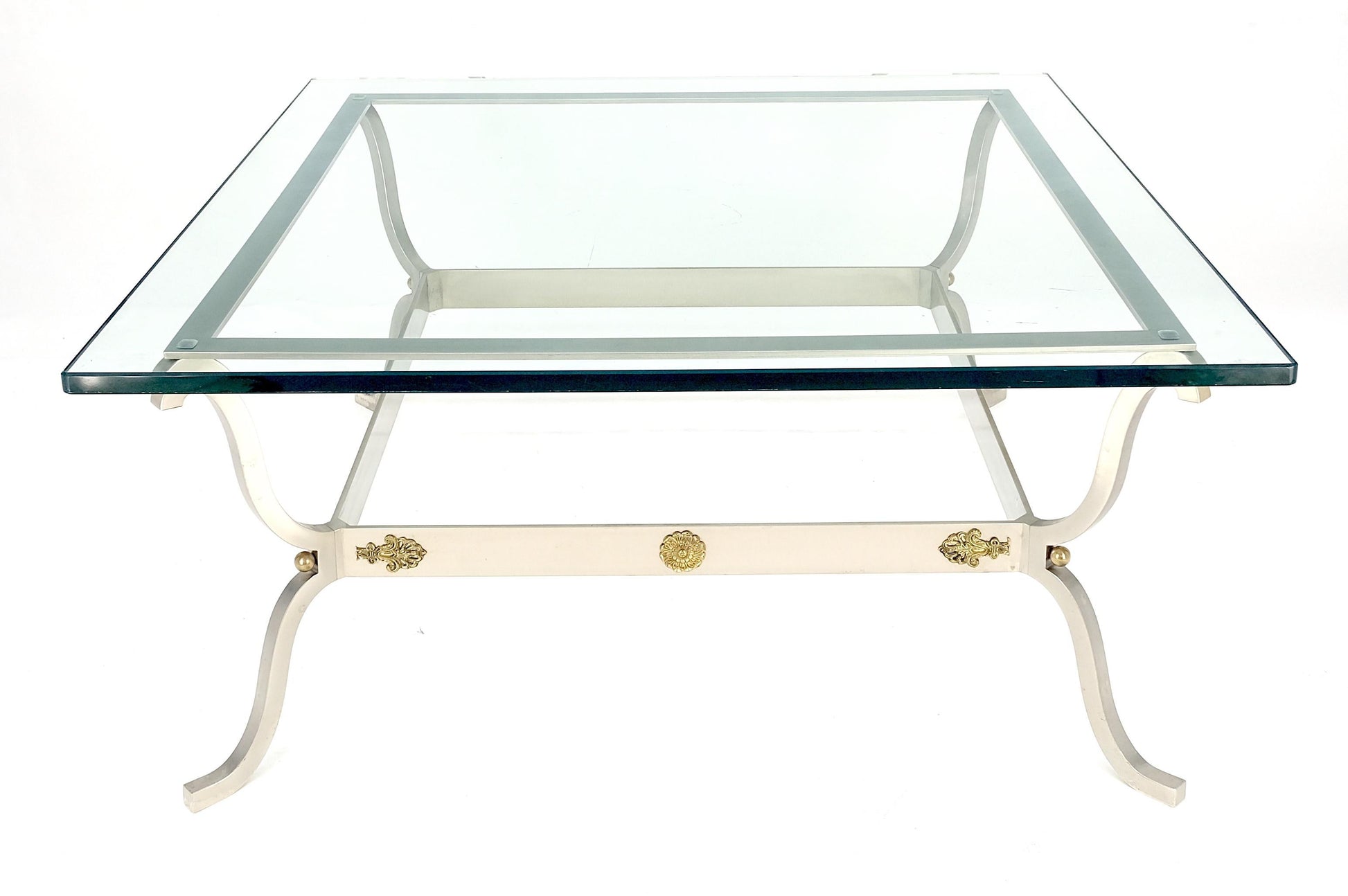 EstablishedLines Brushed Steel Brass Mounts Rosettes Square 3/4" Glass Coffee Table