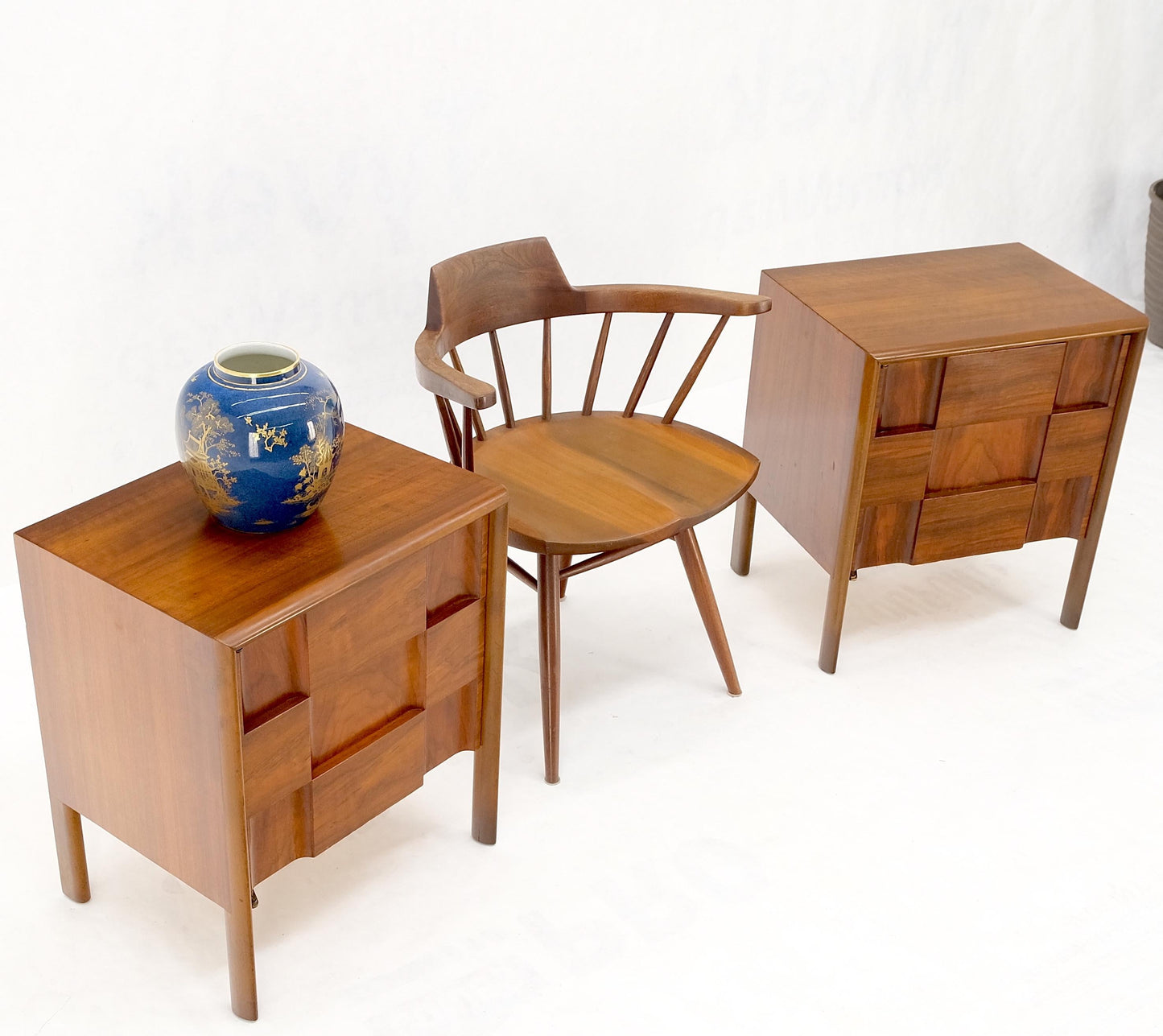 EstablishedLines Pair Swedish Walnut Birch Int Block Front Door End Side Tables Night Stands Mint