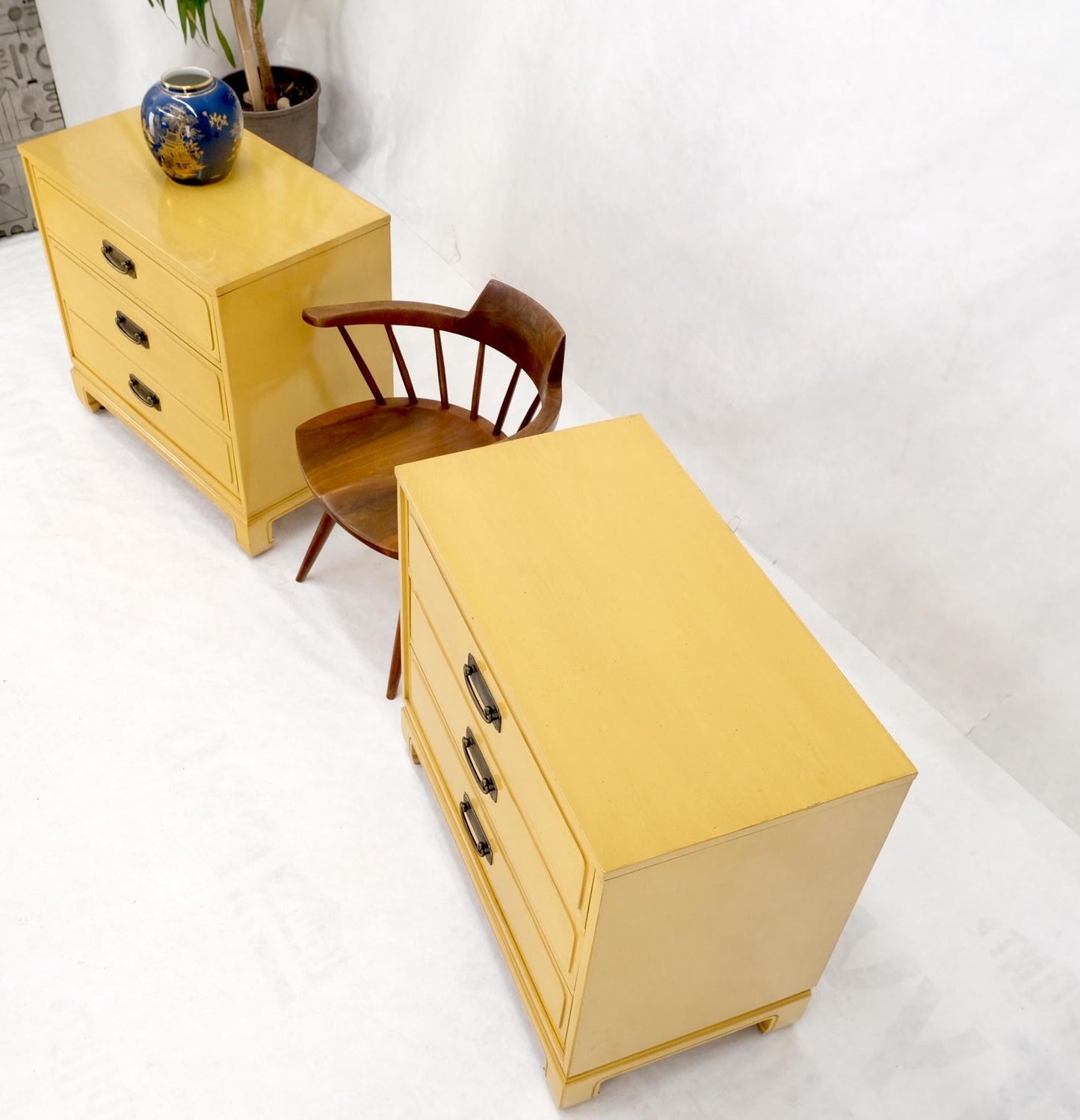 EstablishedLines Pair Davis Mid-Century Modern Lemon Yellow Drop Pulls 3 Drawers Bachelor Chests