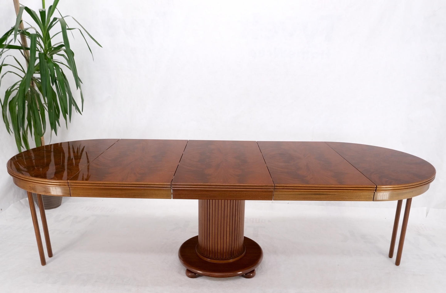 EstablishedLines Burl Walnut Three Extension Boards Single Pedestal Round Dining Table