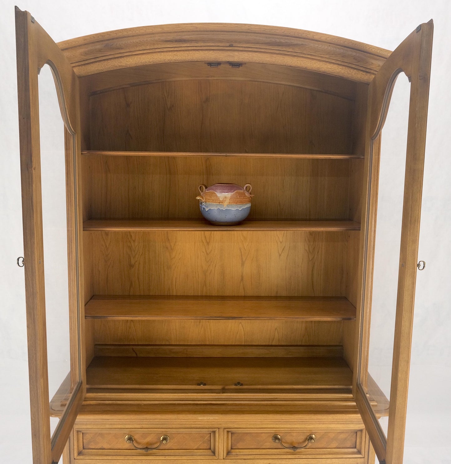 EstablishedLines Blond Wood Dome Shape Top Two Doors 54" Cupboard Breakfront Cabinet Shelf MINT