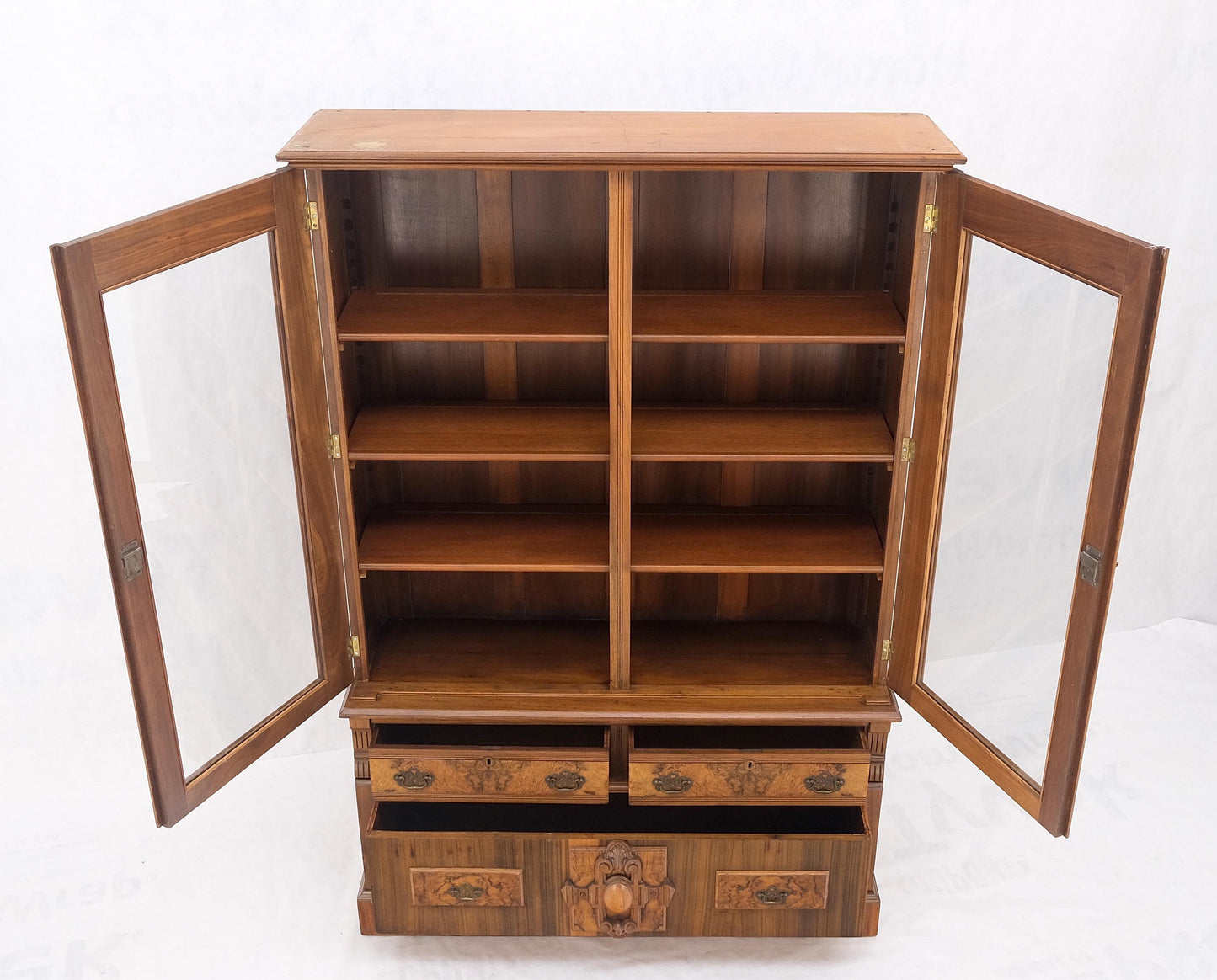 EstablishedLines Burl Walnut Adjustable Shelves Two Doors One Drawer Antique Bookcase Cabinet