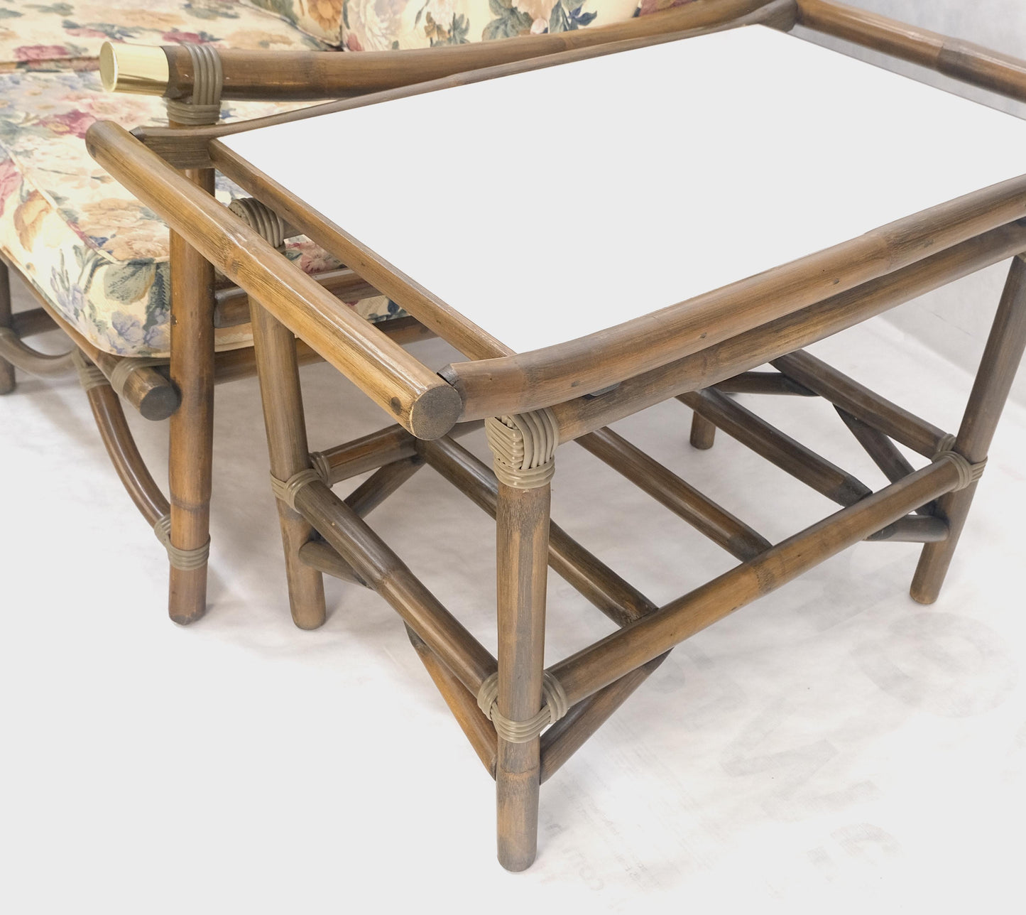EstablishedLines Vogue Rattan Bamboo c1970s Sofa Matching Chair Pair of End Tables 5 Pcs Set Mint