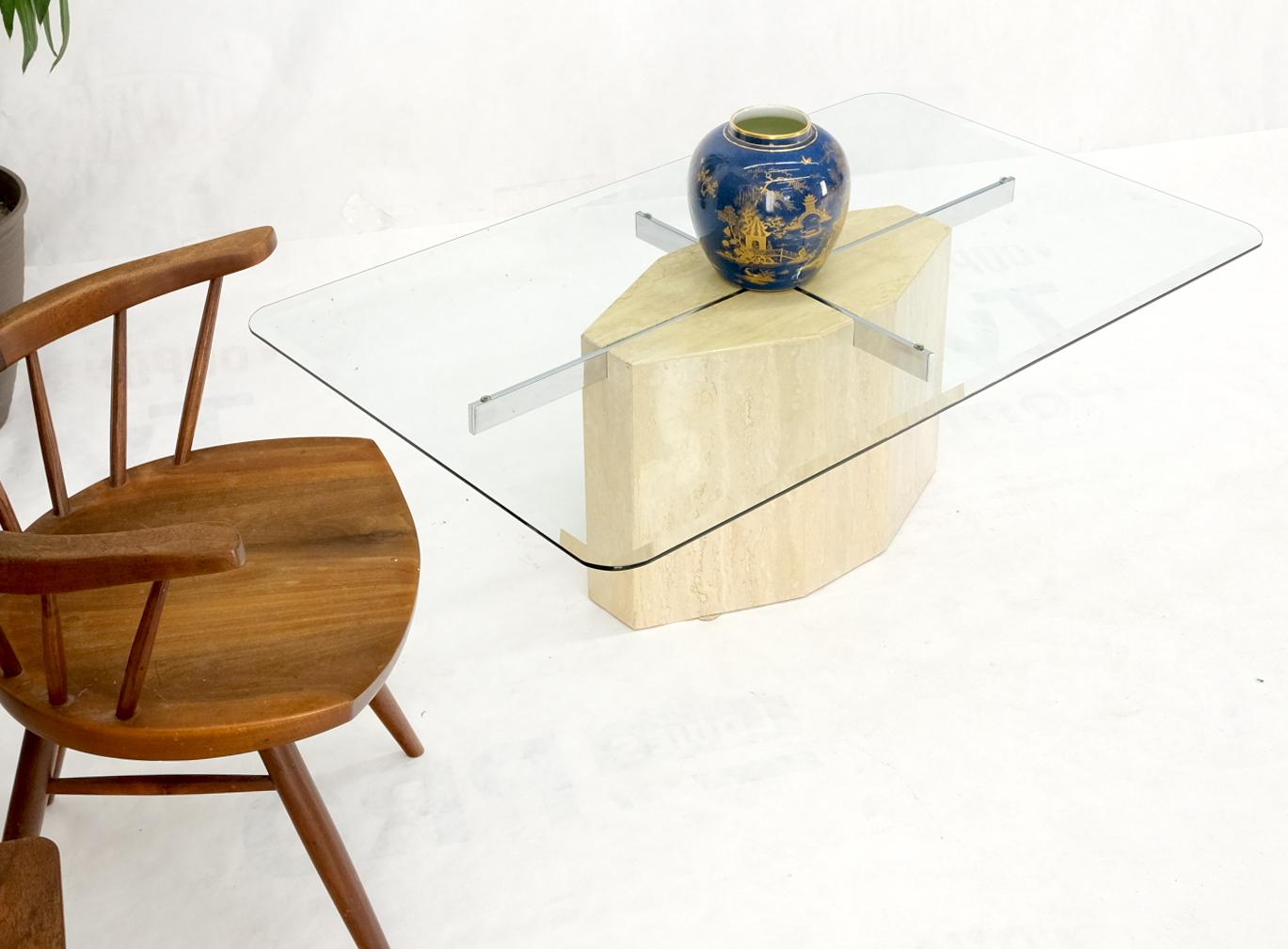 EstablishedLines Traverting & Chrome Diamond Shape Pedestal Base Glass Top Rectangle Coffee Table