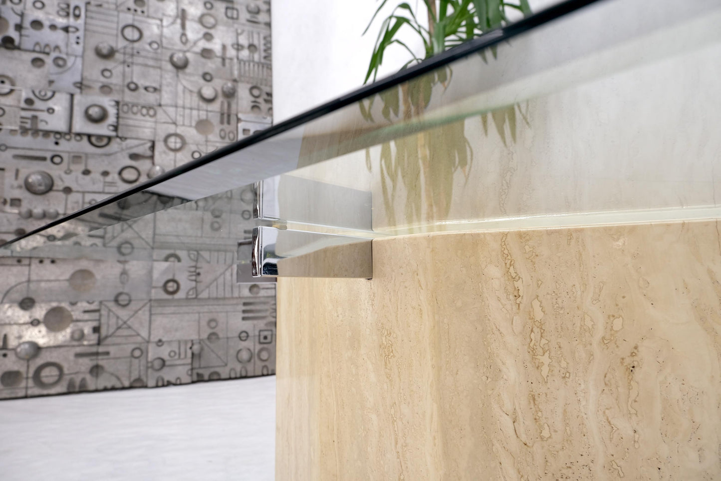 EstablishedLines Traverting & Chrome Diamond Shape Pedestal Base Glass Top Rectangle Coffee Table