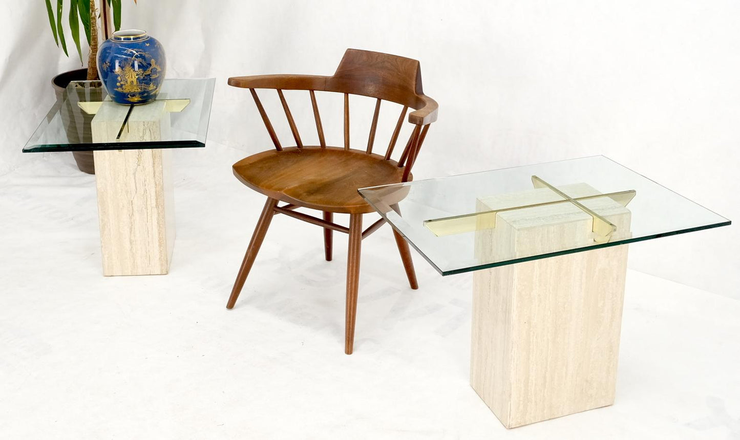 EstablishedLines Pair of Travertine Pedestal Bases Brass Frames Glass Tops End Side Tables Stands