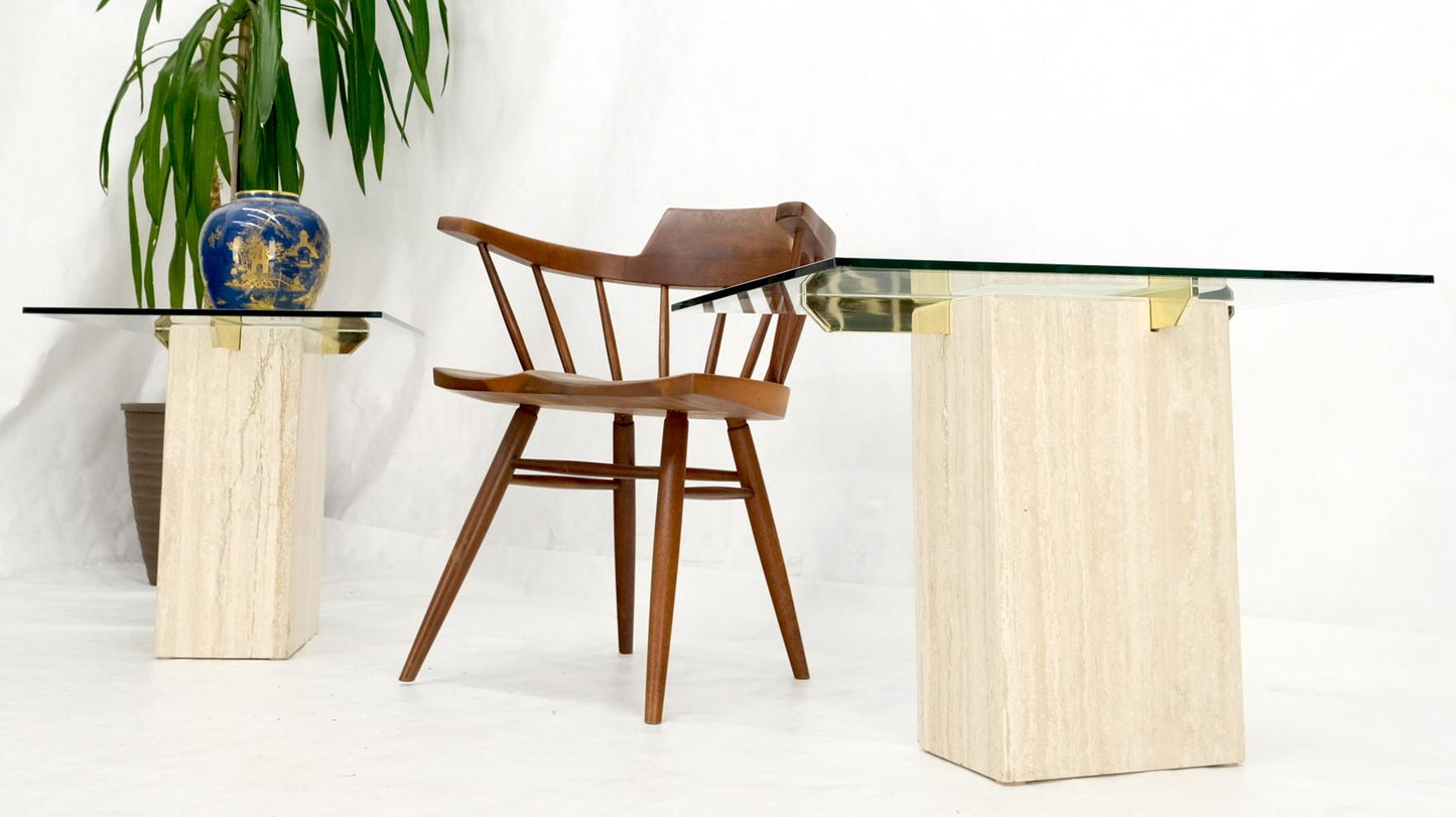 EstablishedLines Pair of Travertine Pedestal Bases Brass Frames Glass Tops End Side Tables Stands