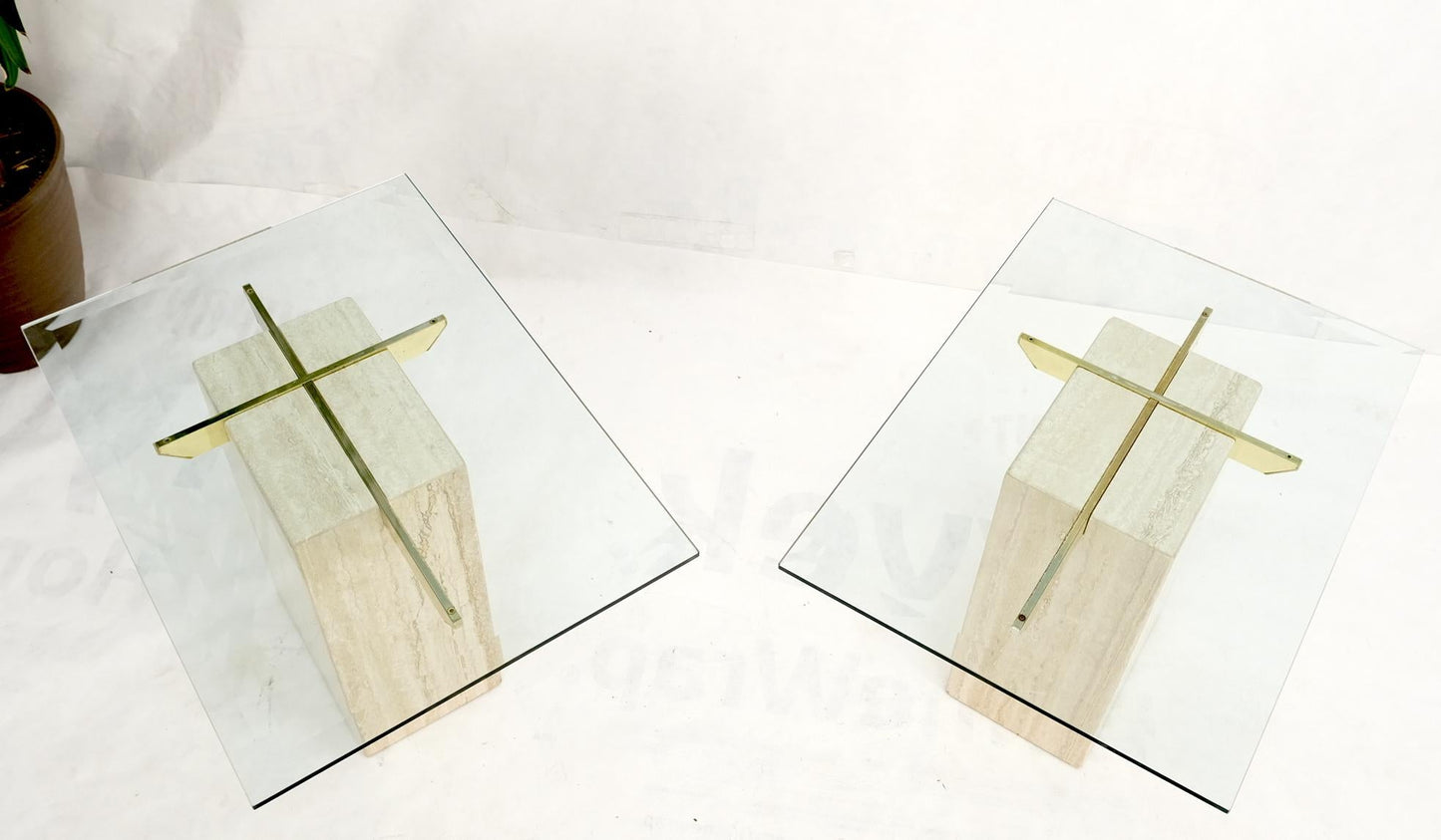 EstablishedLines Pair of Travertine Pedestal Bases Brass Frames Glass Tops End Side Tables Stands