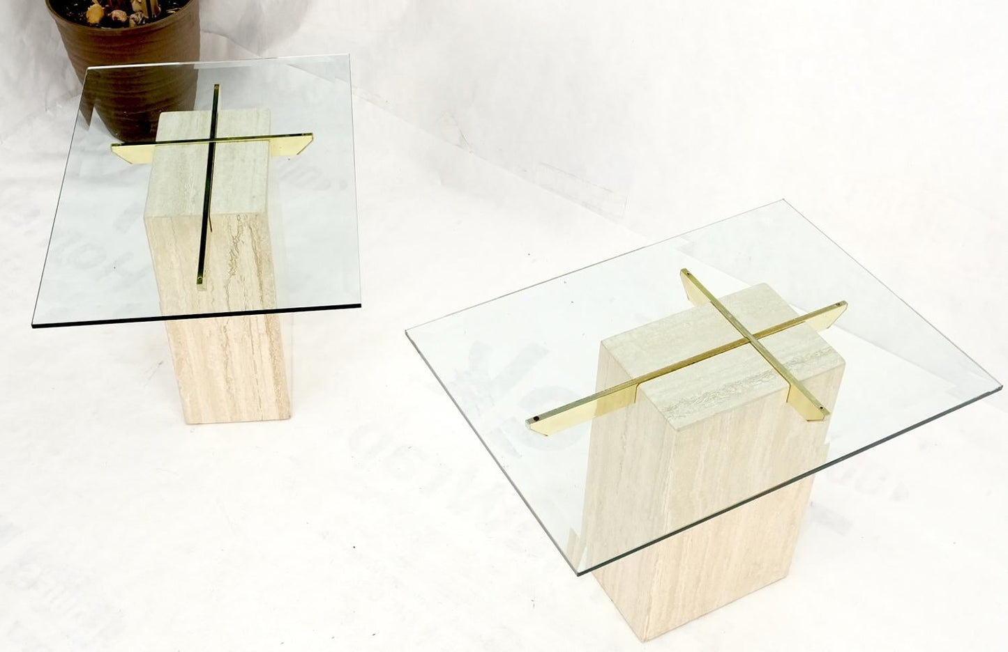 EstablishedLines Pair of Travertine Pedestal Bases Brass Frames Glass Tops End Side Tables Stands