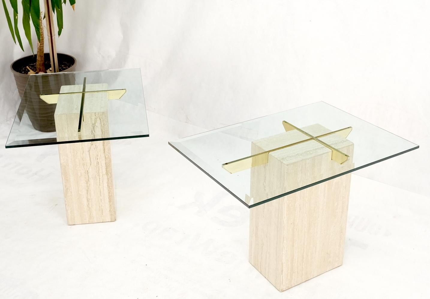EstablishedLines Pair of Travertine Pedestal Bases Brass Frames Glass Tops End Side Tables Stands