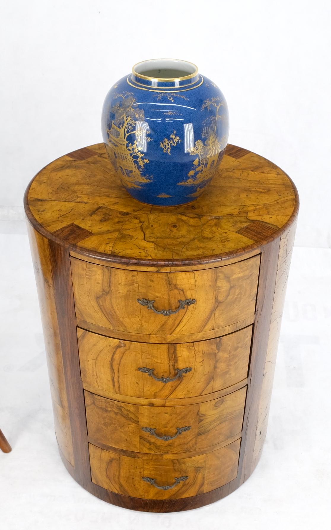 EstablishedLines Cylinder Drum Shape 4 Drawers Italian Burl Olive Wood Small Dresser Stand Table