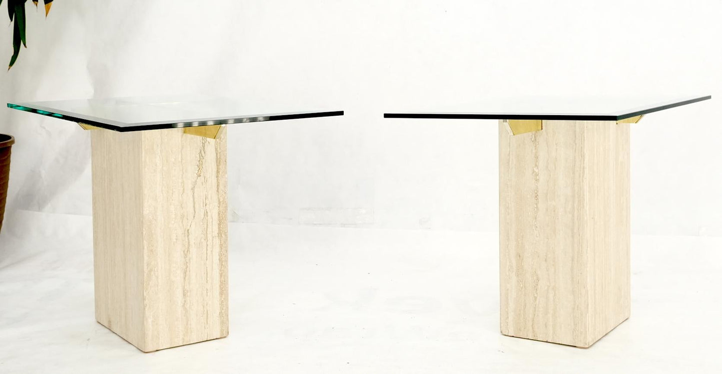 EstablishedLines Pair of Travertine Pedestal Bases Brass Frames Glass Tops End Side Tables Stands