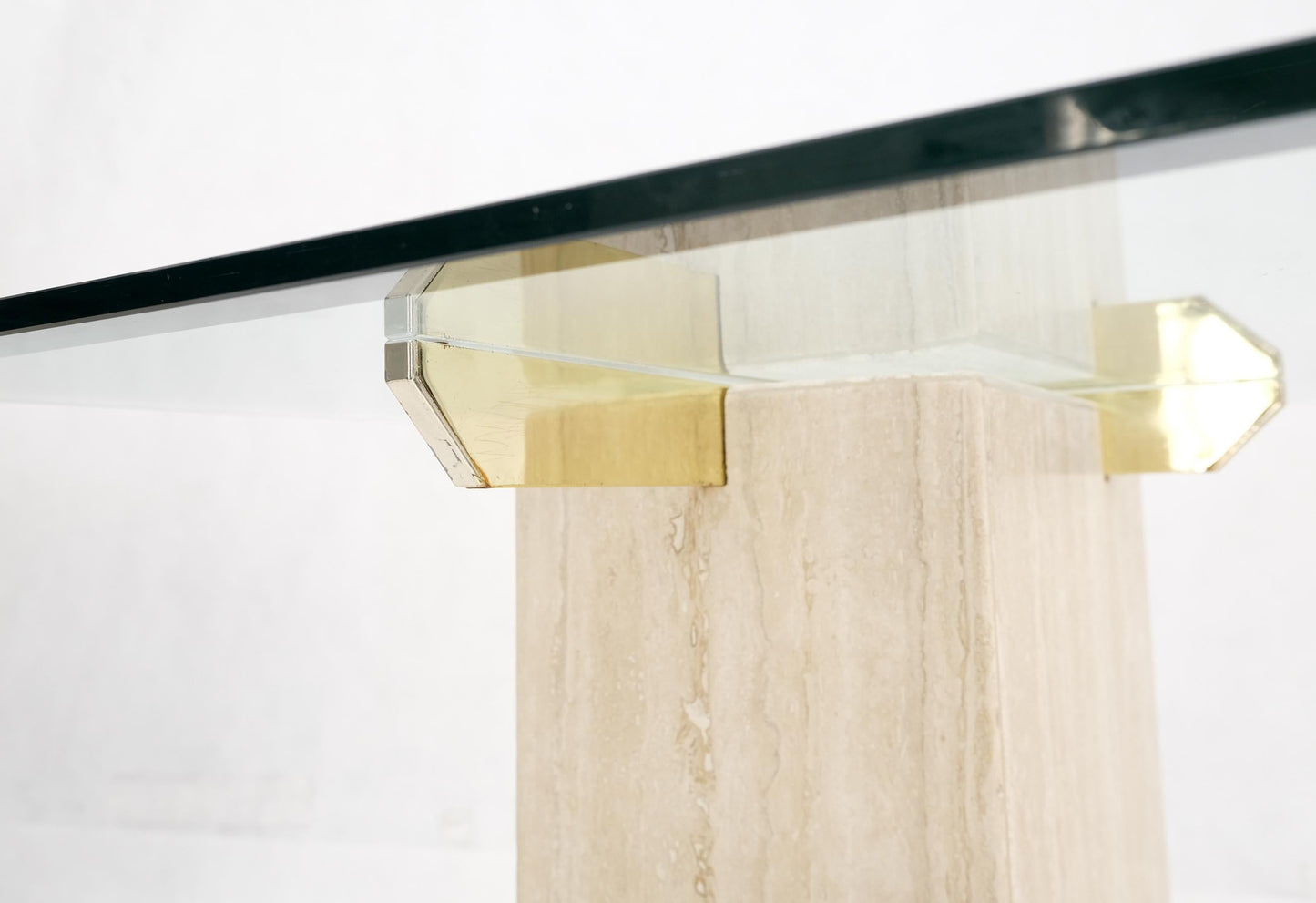 EstablishedLines Pair of Travertine Pedestal Bases Brass Frames Glass Tops End Side Tables Stands