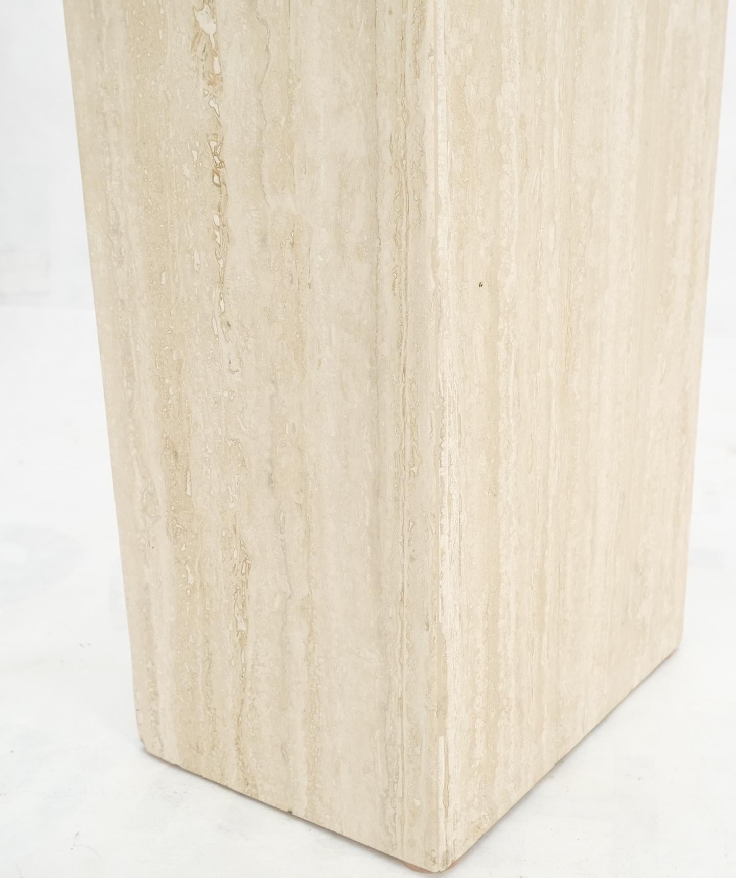 EstablishedLines Pair of Travertine Pedestal Bases Brass Frames Glass Tops End Side Tables Stands