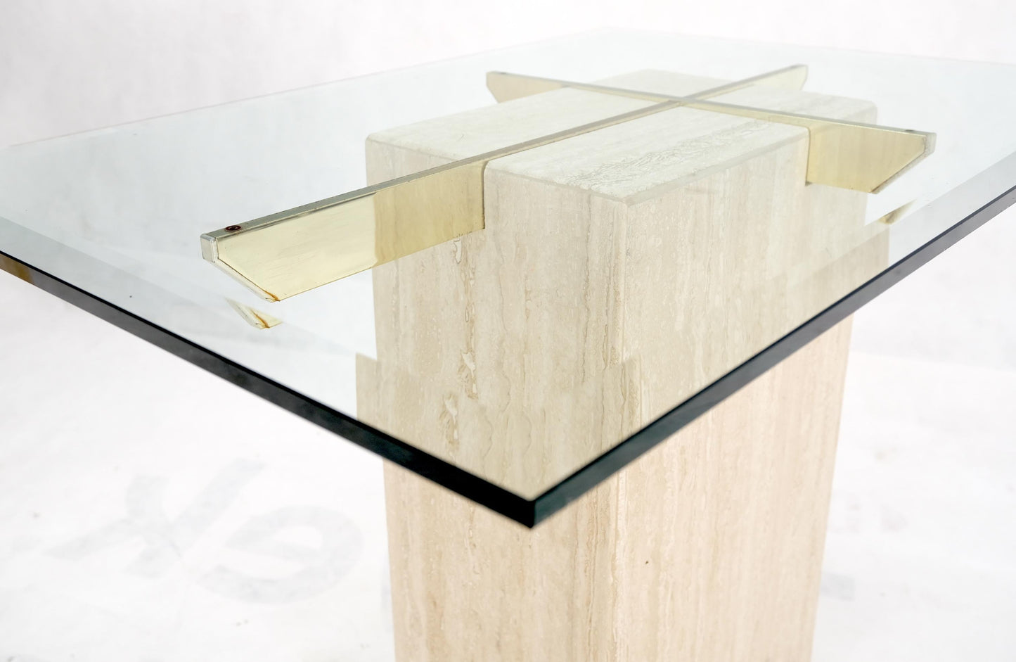 EstablishedLines Pair of Travertine Pedestal Bases Brass Frames Glass Tops End Side Tables Stands
