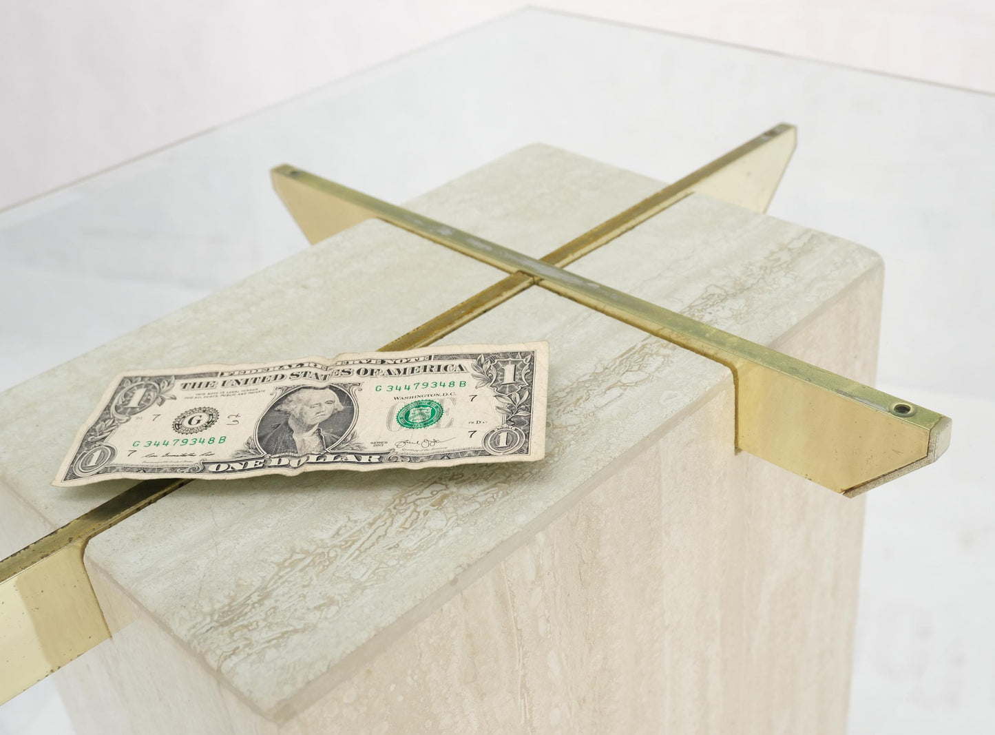 EstablishedLines Pair of Travertine Pedestal Bases Brass Frames Glass Tops End Side Tables Stands