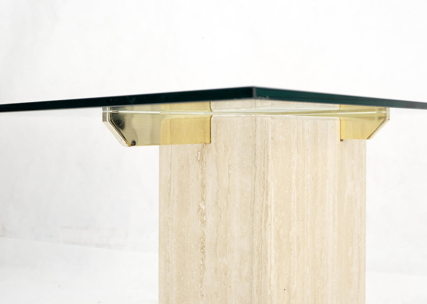 EstablishedLines Pair of Travertine Pedestal Bases Brass Frames Glass Tops End Side Tables Stands