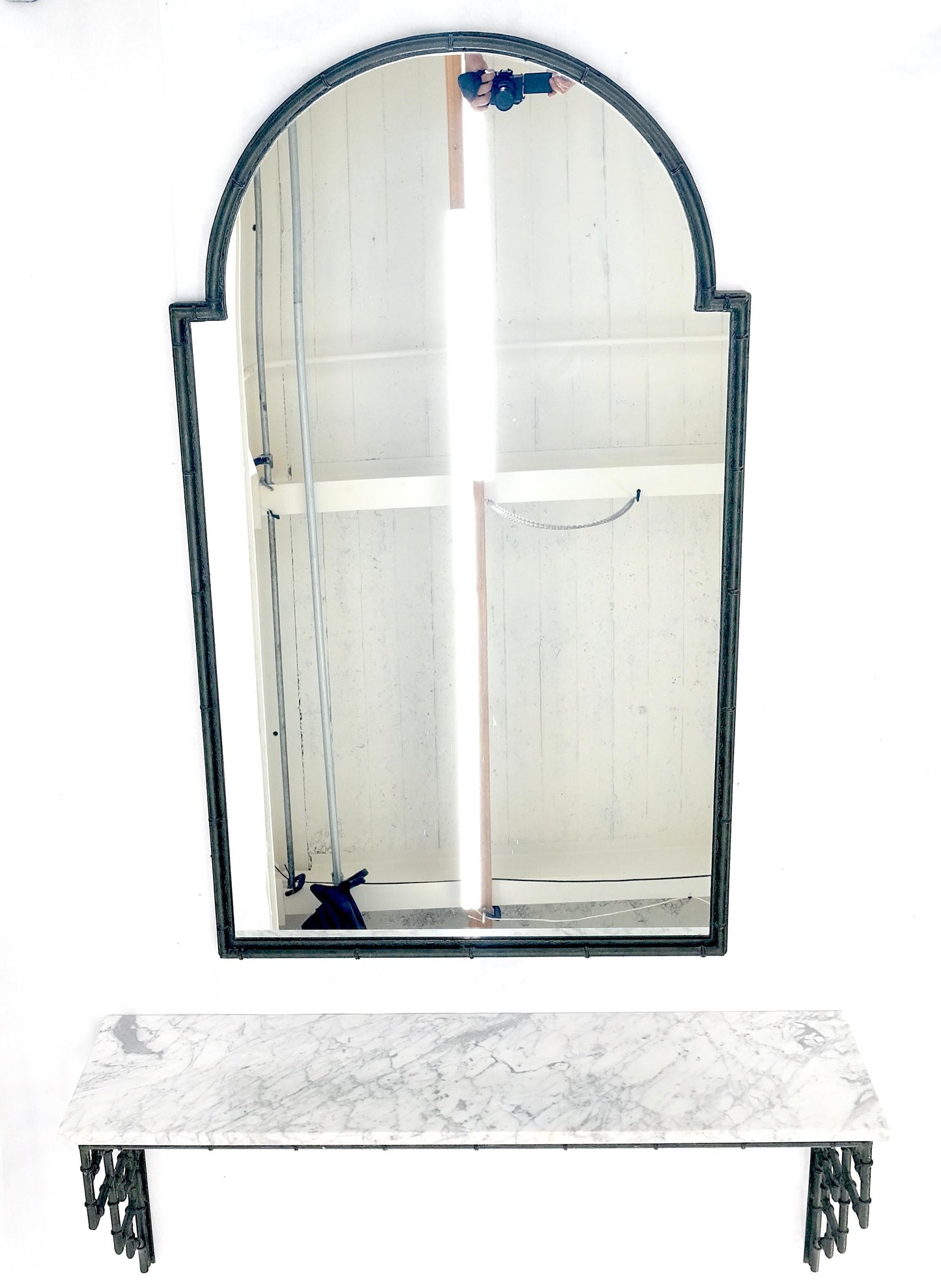 EstablishedLines Faux Bamboo White Marble Top Hanging Wall Console Table Dome Top Mirror Set MINT