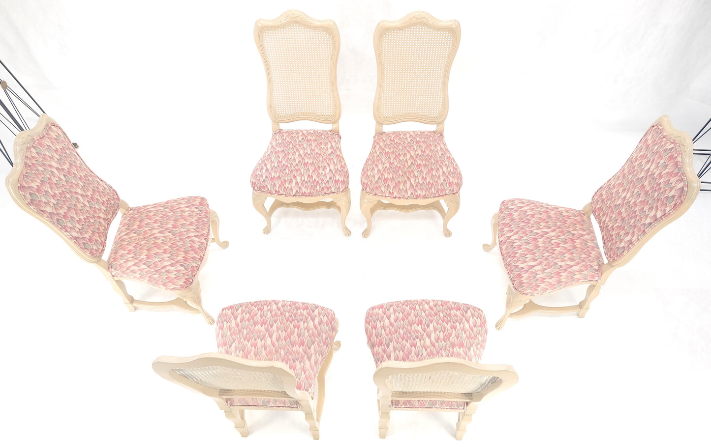 EstablishedLines Set 6 Tall Back Thick Cream Lacquer Carved French Dining Chairs Stretchers MINT