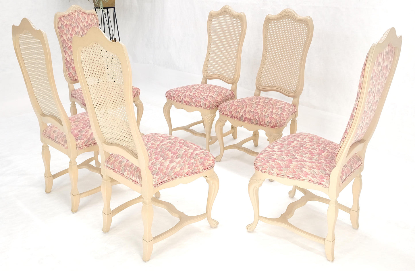 EstablishedLines Set 6 Tall Back Thick Cream Lacquer Carved French Dining Chairs Stretchers MINT