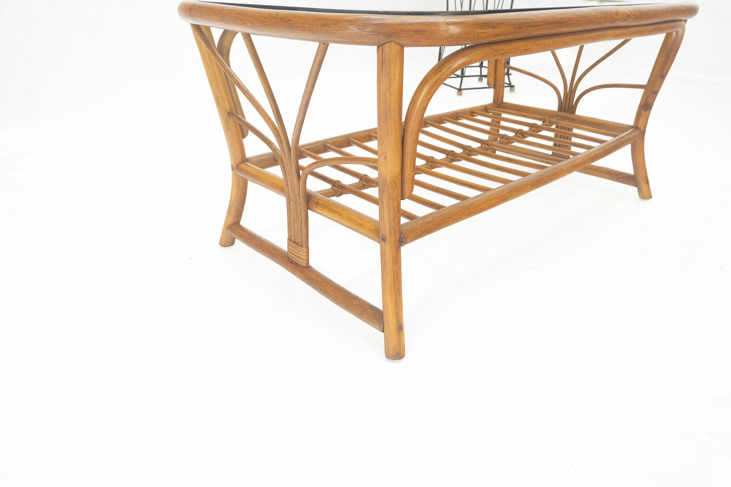 EstablishedLines Ficks Reed Rattan Bamboo Rounded Corners Two Tier Coffee Table c1970s MINT!