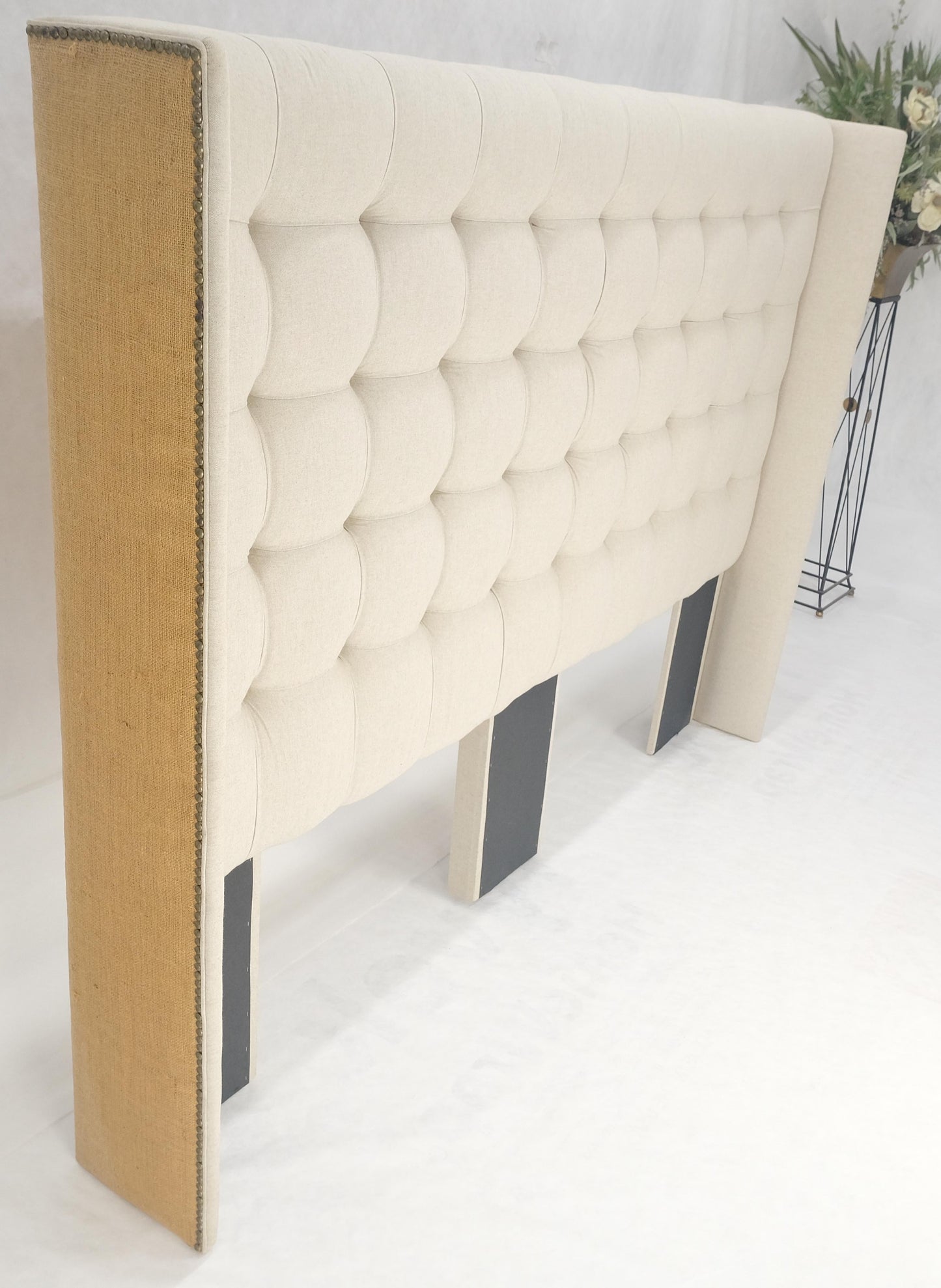 EstablishedLines Tufted Custom Oatmeal Linen Upholstery King Size Wing Headboard King Size Bed