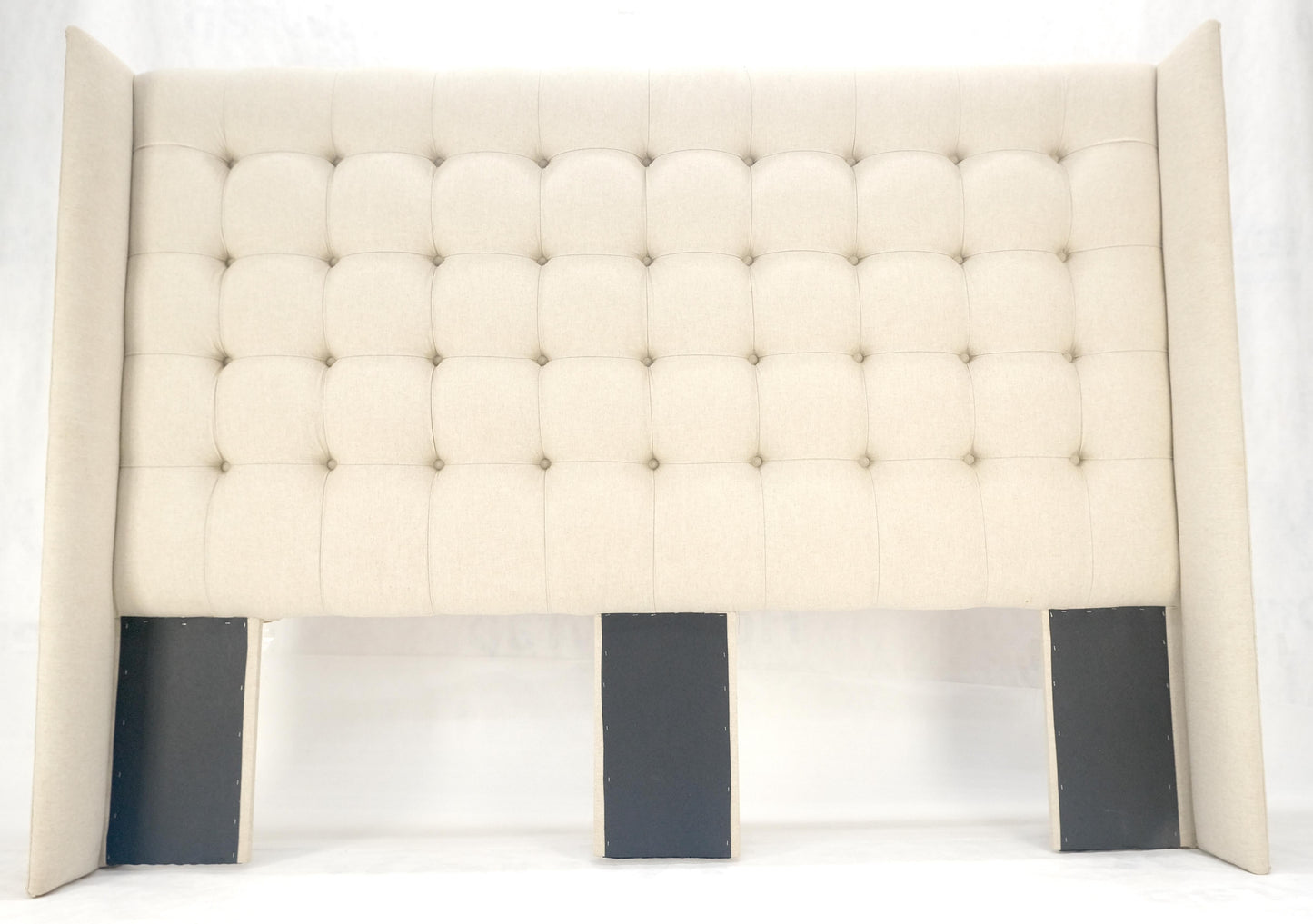 EstablishedLines Tufted Custom Oatmeal Linen Upholstery King Size Wing Headboard King Size Bed