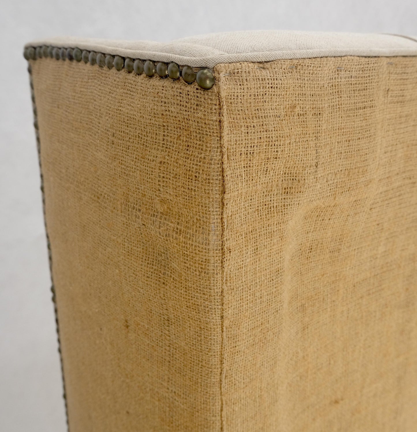 EstablishedLines Tufted Custom Oatmeal Linen Upholstery King Size Wing Headboard King Size Bed