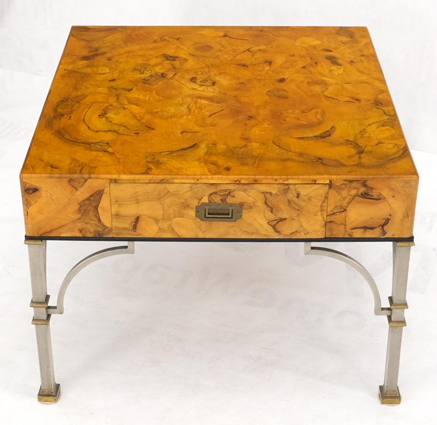 EstablishedLines Square Burl Olive Wood Campaign Style Pull One Drawer Large End Side Table
