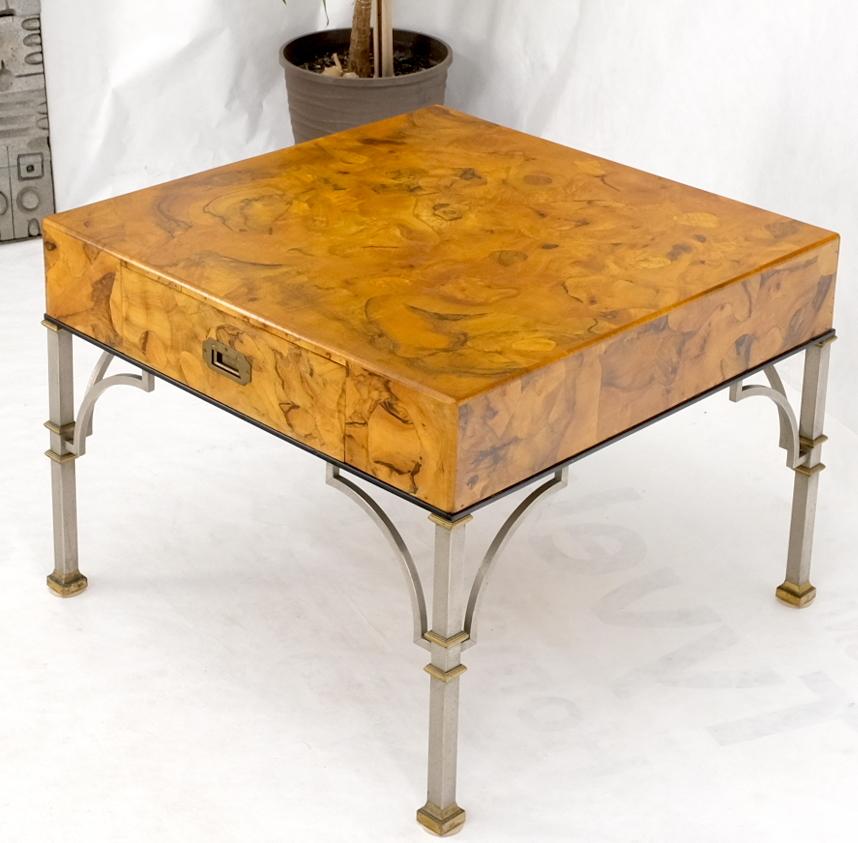 EstablishedLines Square Burl Olive Wood Campaign Style Pull One Drawer Large End Side Table
