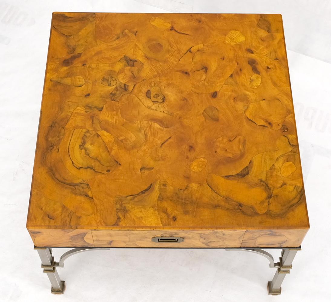 EstablishedLines Square Burl Olive Wood Campaign Style Pull One Drawer Large End Side Table