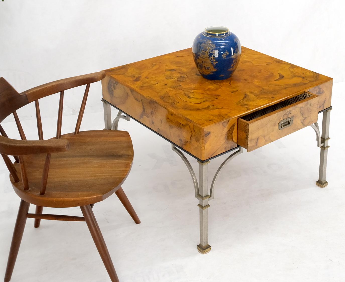 EstablishedLines Square Burl Olive Wood Campaign Style Pull One Drawer Large End Side Table