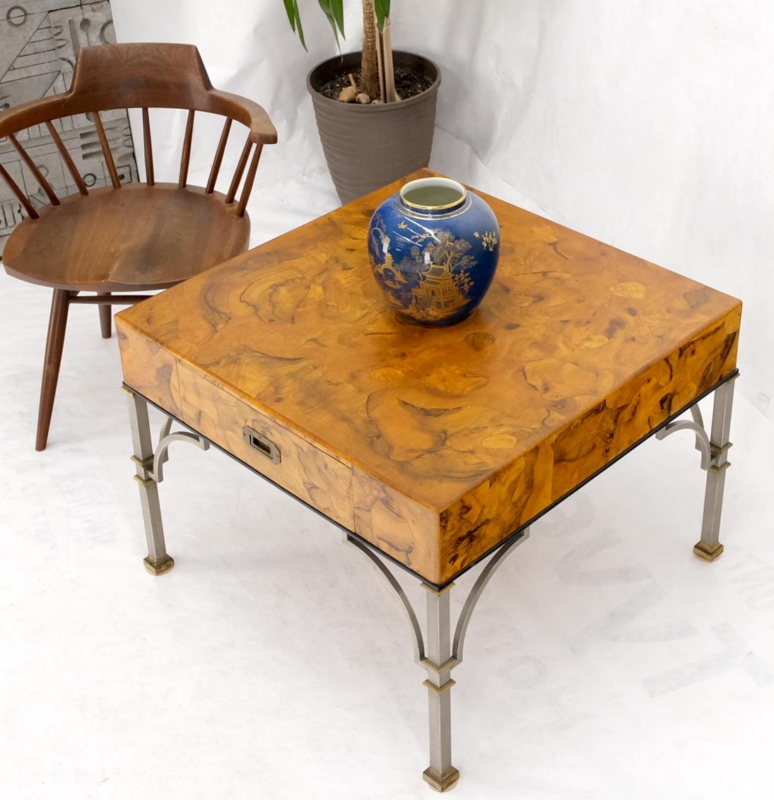 EstablishedLines Square Burl Olive Wood Campaign Style Pull One Drawer Large End Side Table