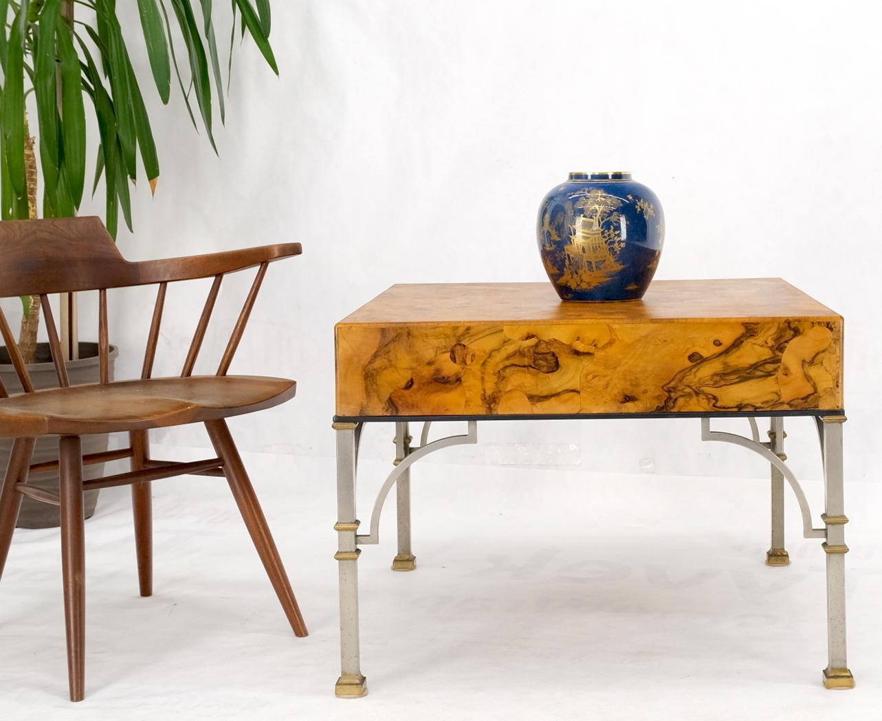 EstablishedLines Square Burl Olive Wood Campaign Style Pull One Drawer Large End Side Table