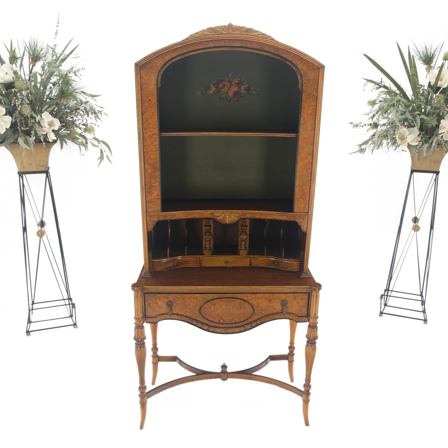 EstablishedLines Berkey & Gay Painted Decorated Petit Secretary Display Cabinet with Shelves Burl