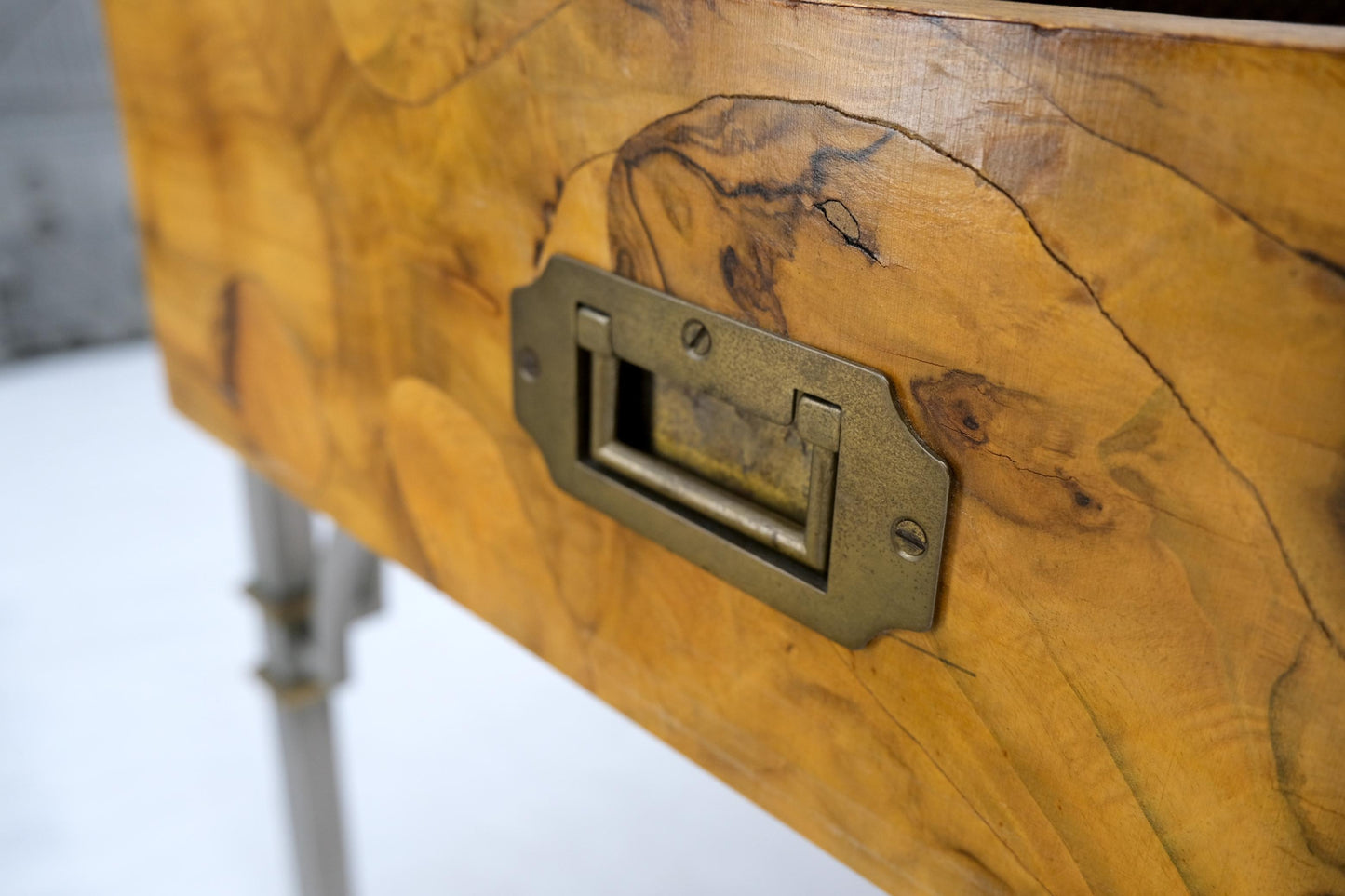 EstablishedLines Square Burl Olive Wood Campaign Style Pull One Drawer Large End Side Table