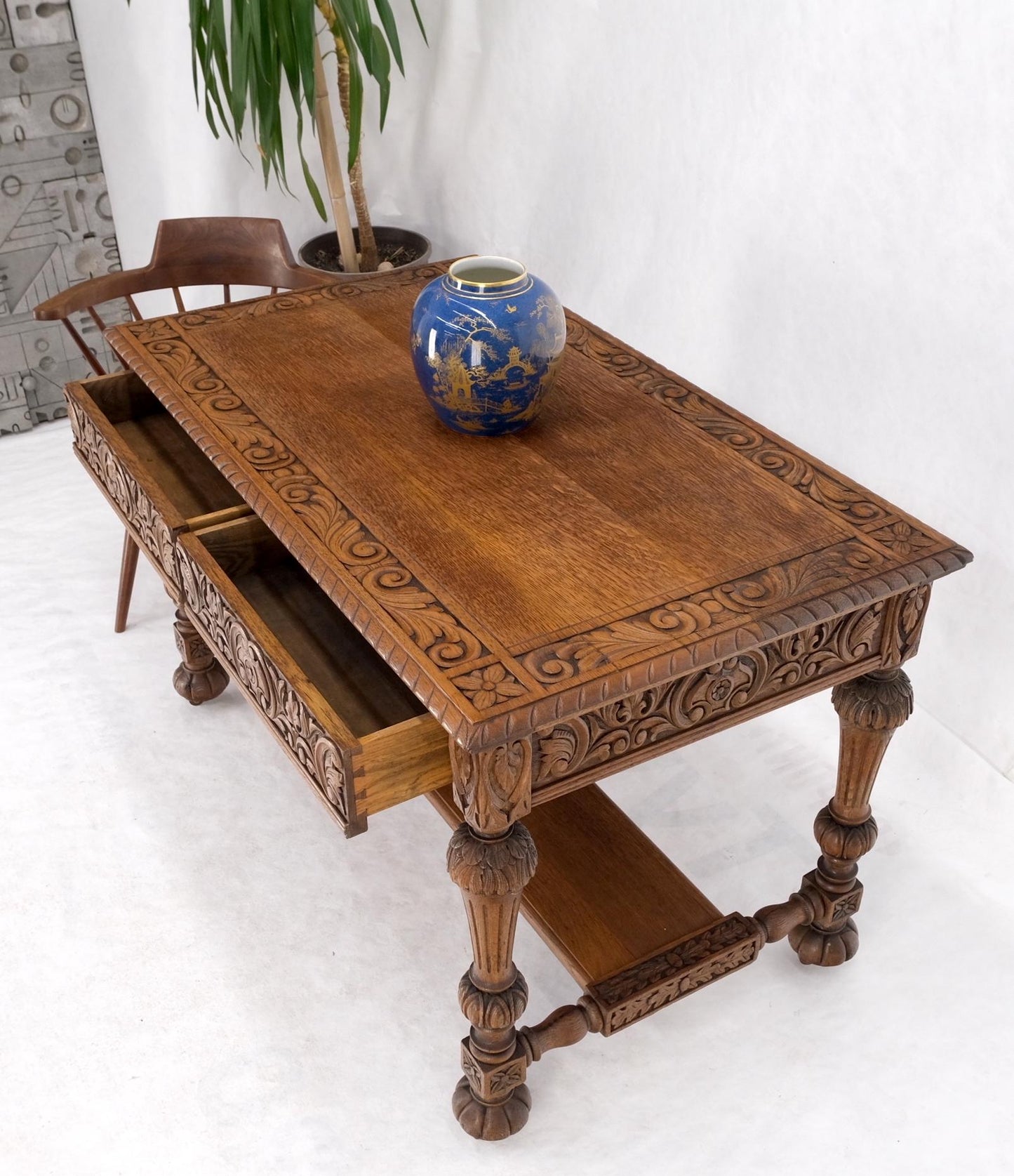 EstablishedLines Heavily Fine Carved Oak Small Partners Desk Console Writing Table Mint